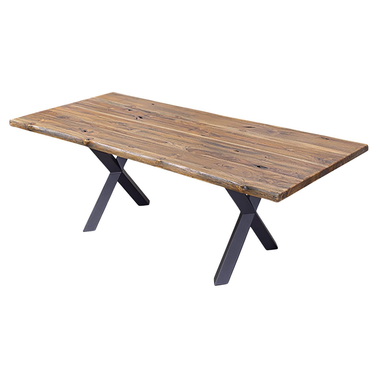 Solid Teak Organic Distressed Rectangular Live Edge Table with Metal Legs For Sale