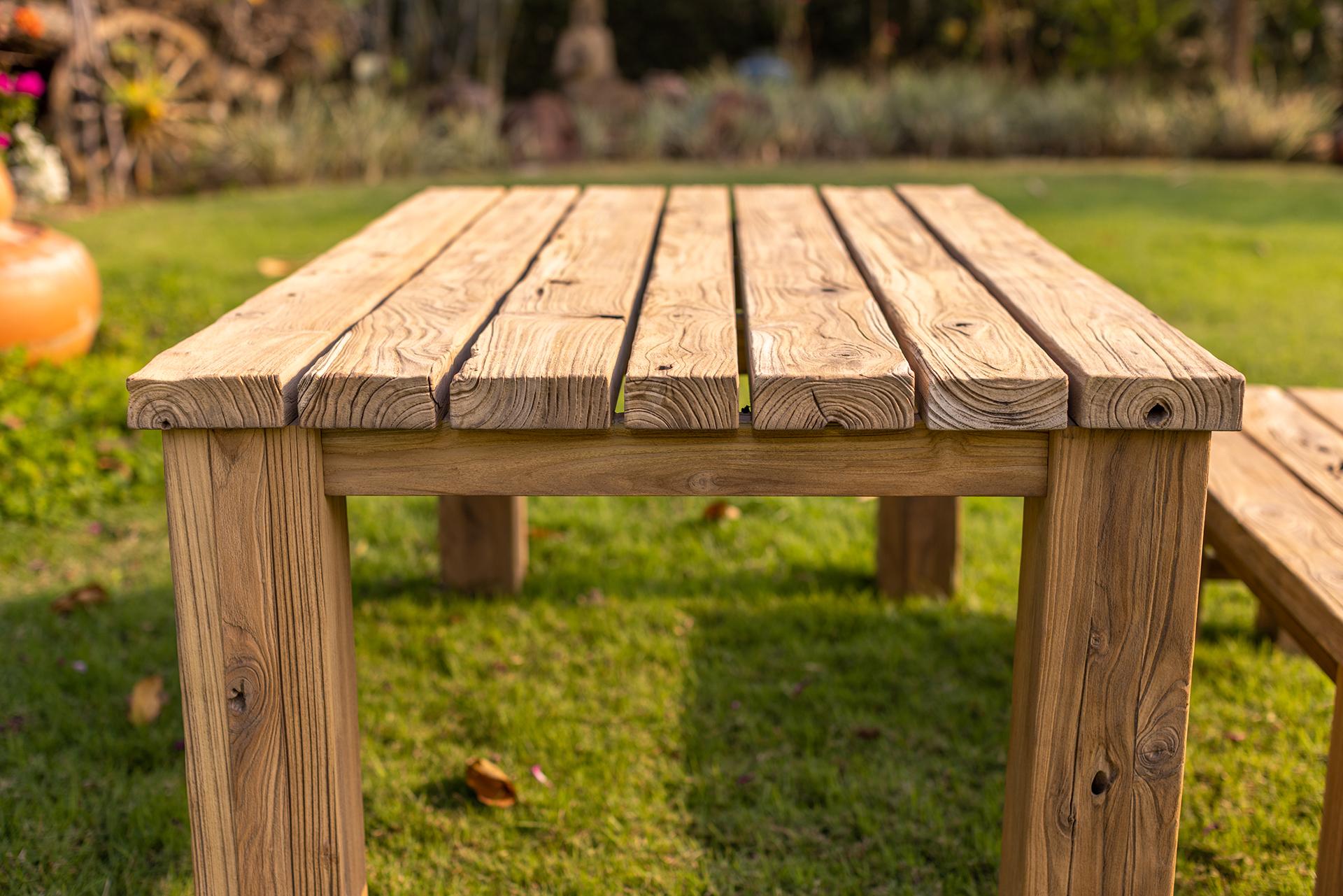 Hand-Crafted Solid Teak Outdoor Table Sandblasted Natural For Sale