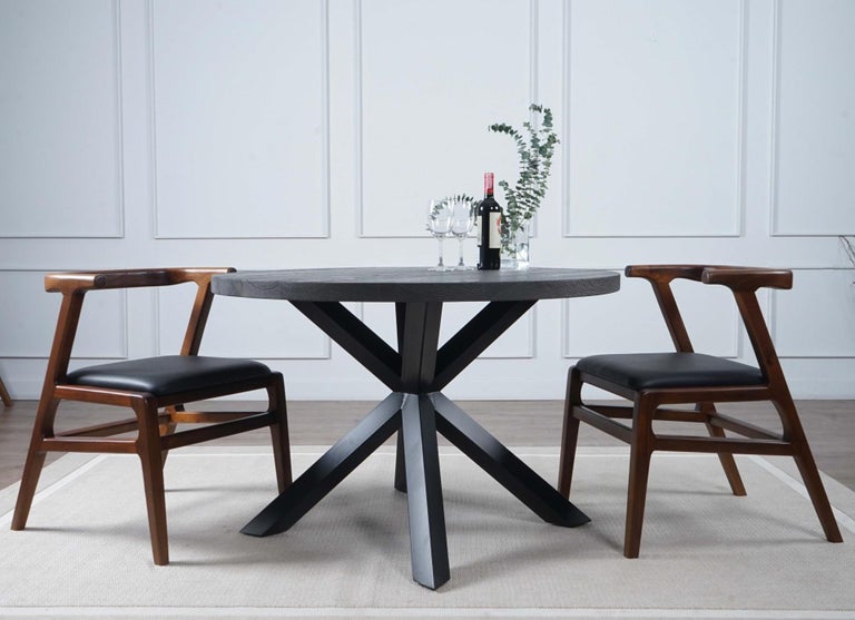 Solid Teak Round Dining Table with Black Metal Spider Legs For Sale at ...
