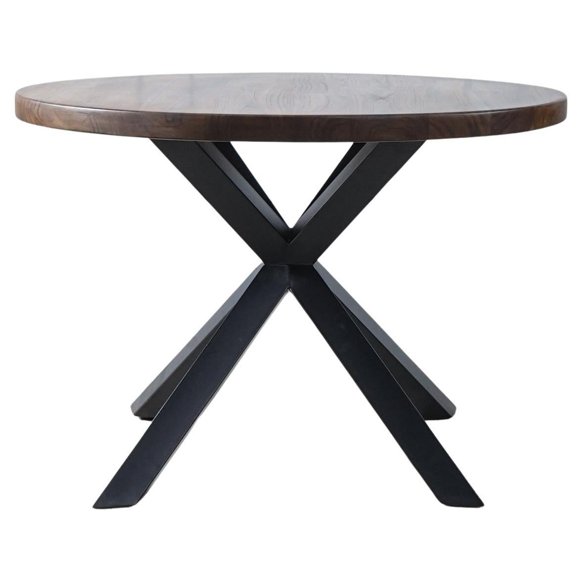 Solid Teak Round Dining Table with Black Metal Spider Legs For Sale