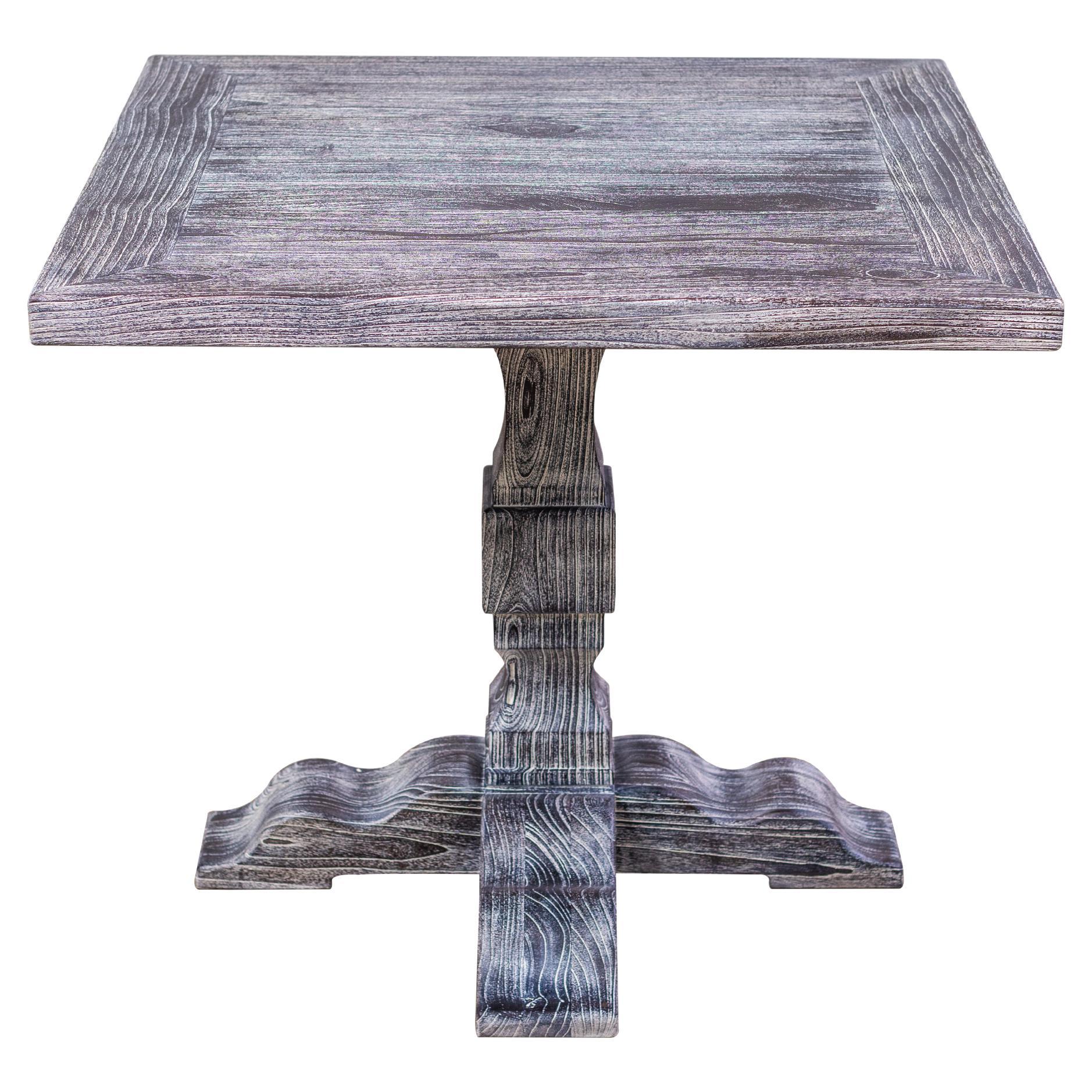 Solid Teak Square Pedestal Wood Dining Table in Sandblasted Weathered For Sale