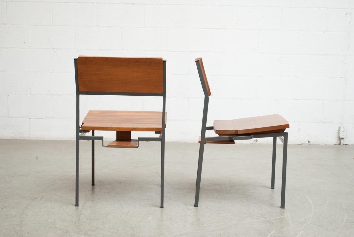 Mid-Century Modern Solid Teak Stacking Solid Teak Church Chairs w/ Metal Frames & Book Cubby