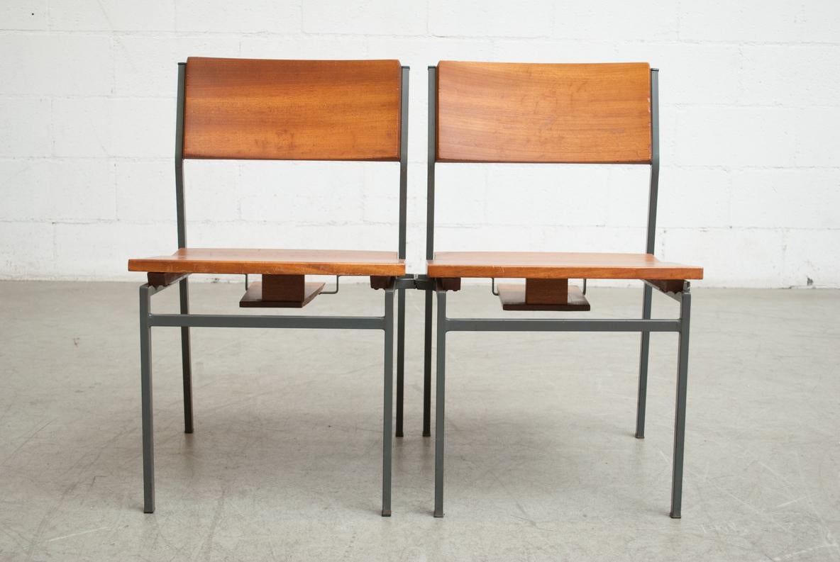 Dutch Solid Teak Stacking Solid Teak Church Chairs w/ Metal Frames & Book Cubby