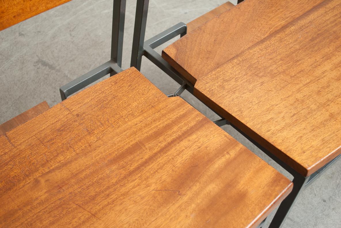 20th Century Solid Teak Stacking Solid Teak Church Chairs w/ Metal Frames & Book Cubby