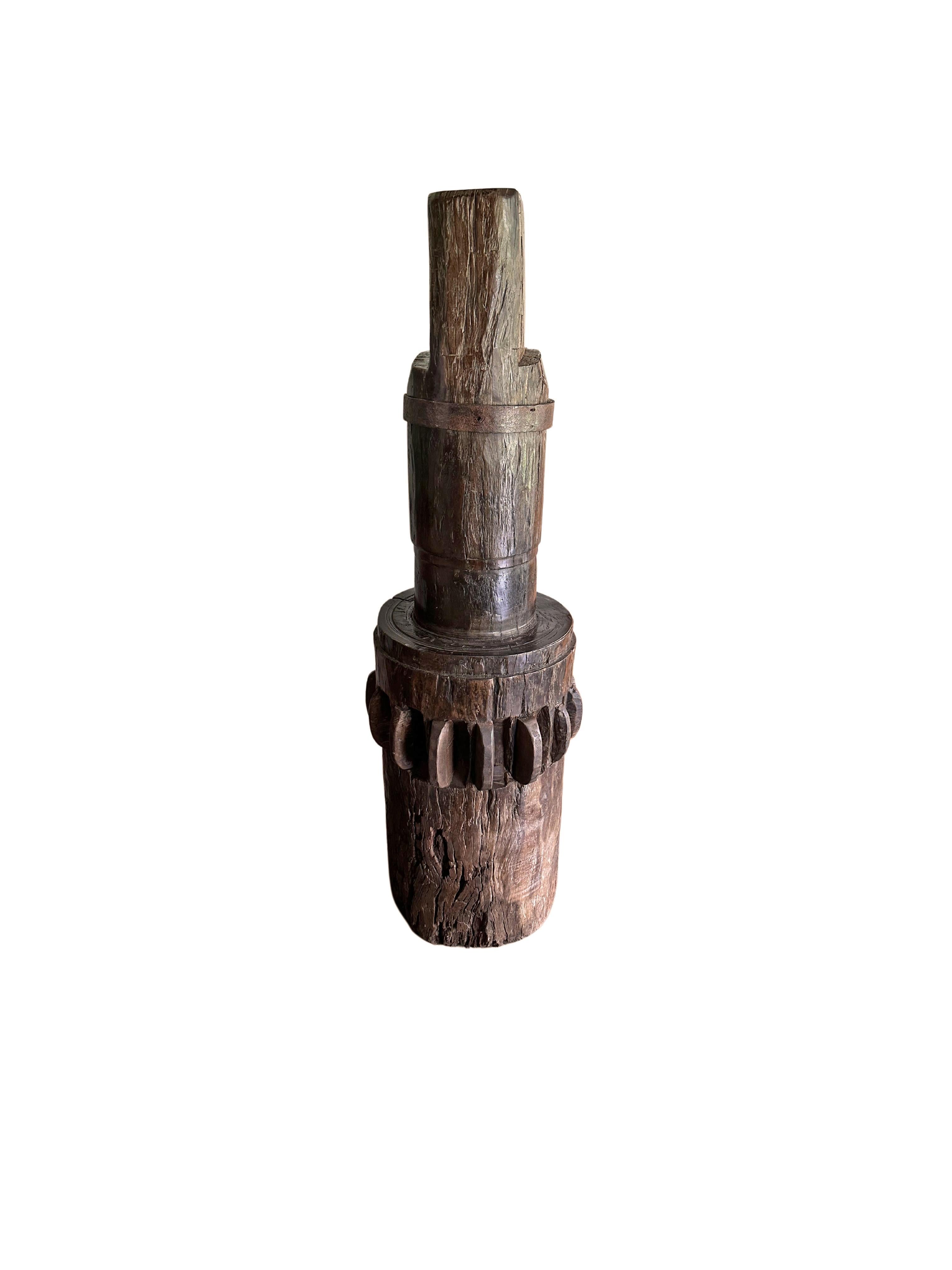 Hand-Crafted Solid Teak Sugar Cane Mill Crusher / Grinder from Java, Indonesia, c. 1900 For Sale