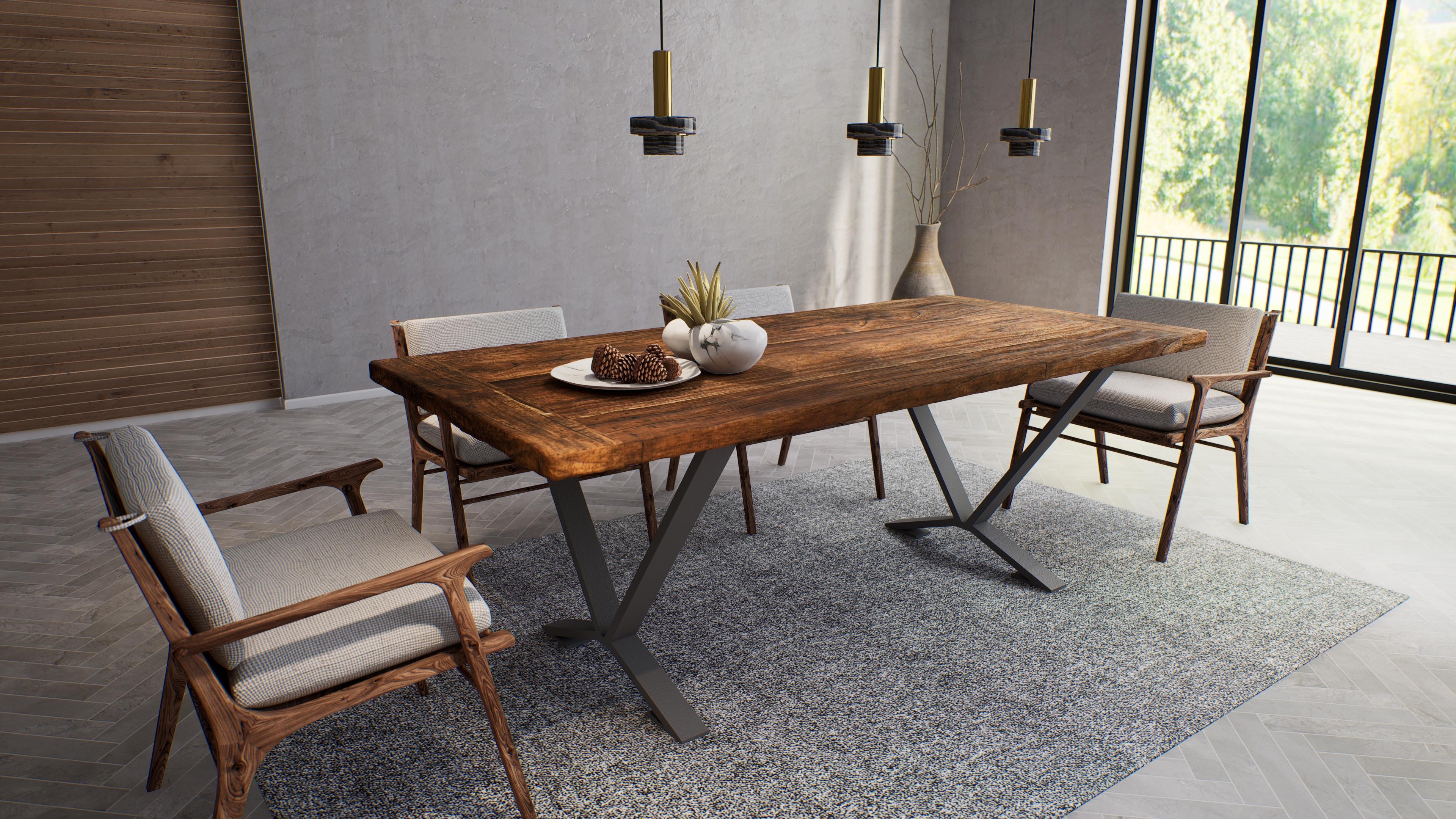 Tisch aus massivem Teakholz in sandgestrahltem Herbst mit grauen Metallbeinen (Handgefertigt) im Angebot