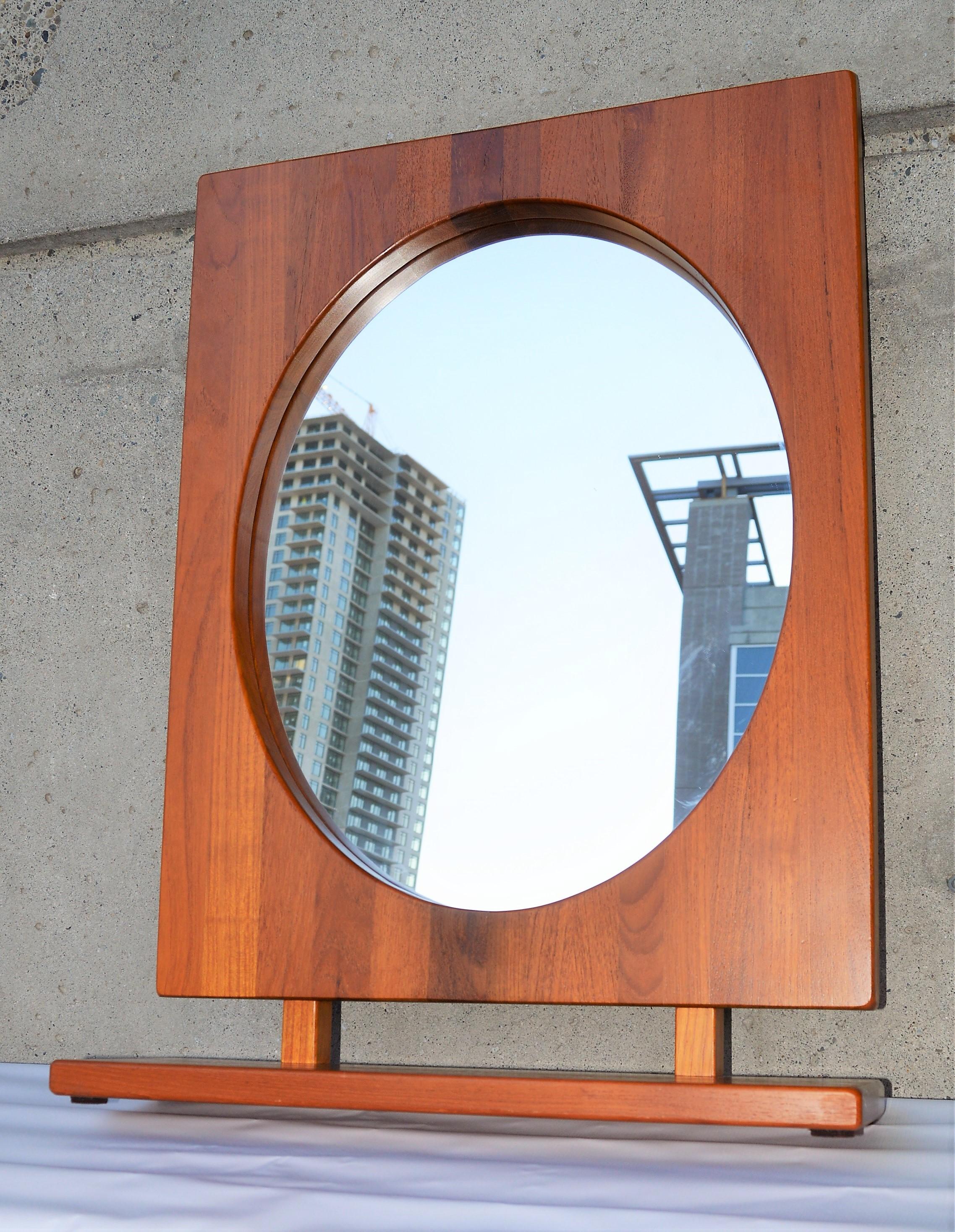 Solid Teak Table or Wall Mirror with Shelf in Oval by Pedersen & Hansen, Denmark For Sale 5