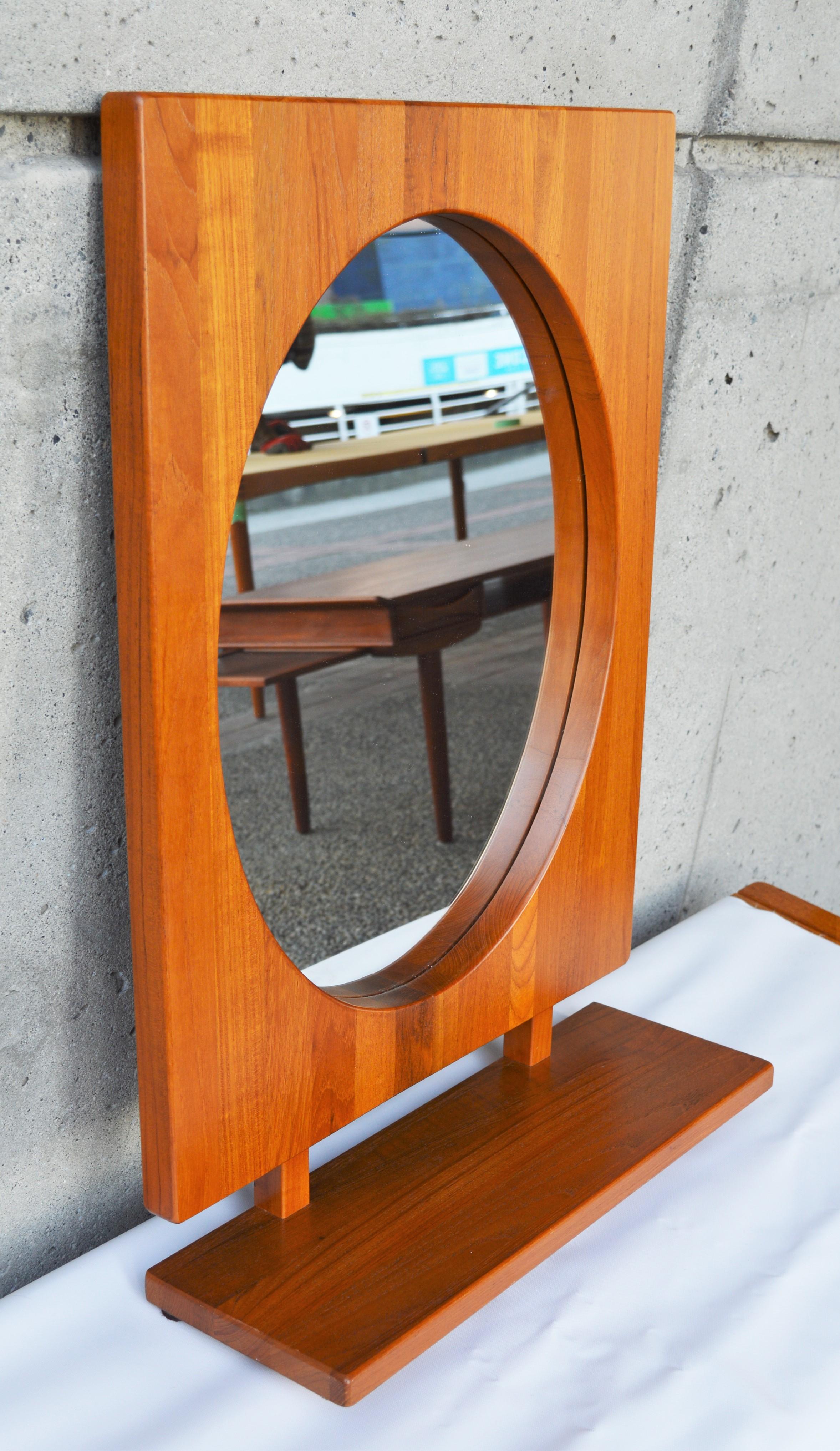 Solid Teak Table or Wall Mirror with Shelf in Oval by Pedersen & Hansen, Denmark For Sale 6