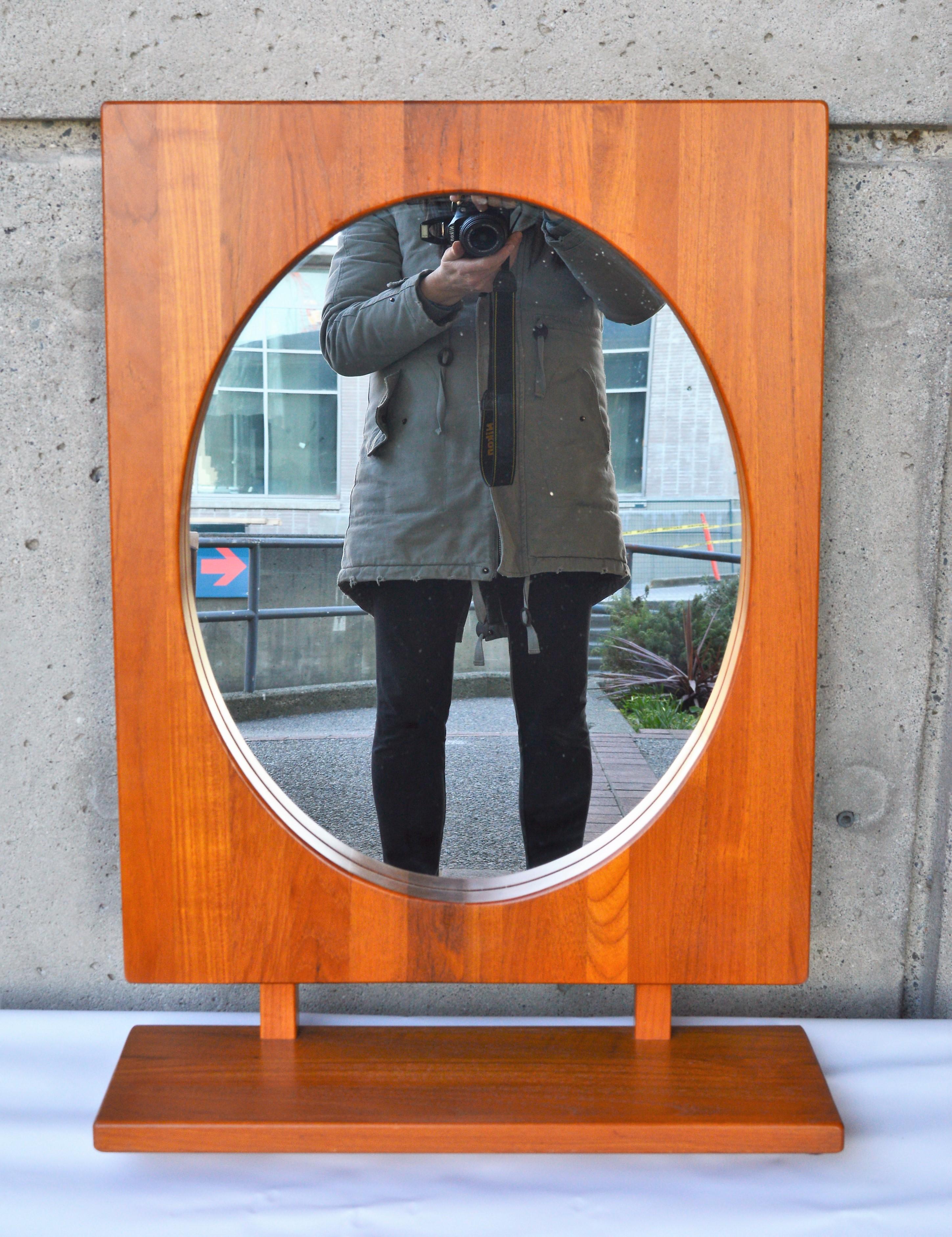 Mid-20th Century Solid Teak Table or Wall Mirror with Shelf in Oval by Pedersen & Hansen, Denmark For Sale
