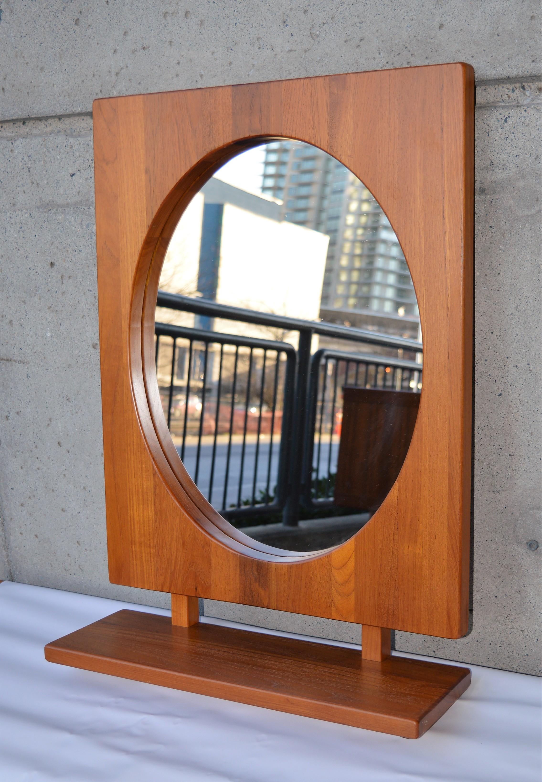 Solid Teak Table or Wall Mirror with Shelf in Oval by Pedersen & Hansen, Denmark For Sale 1