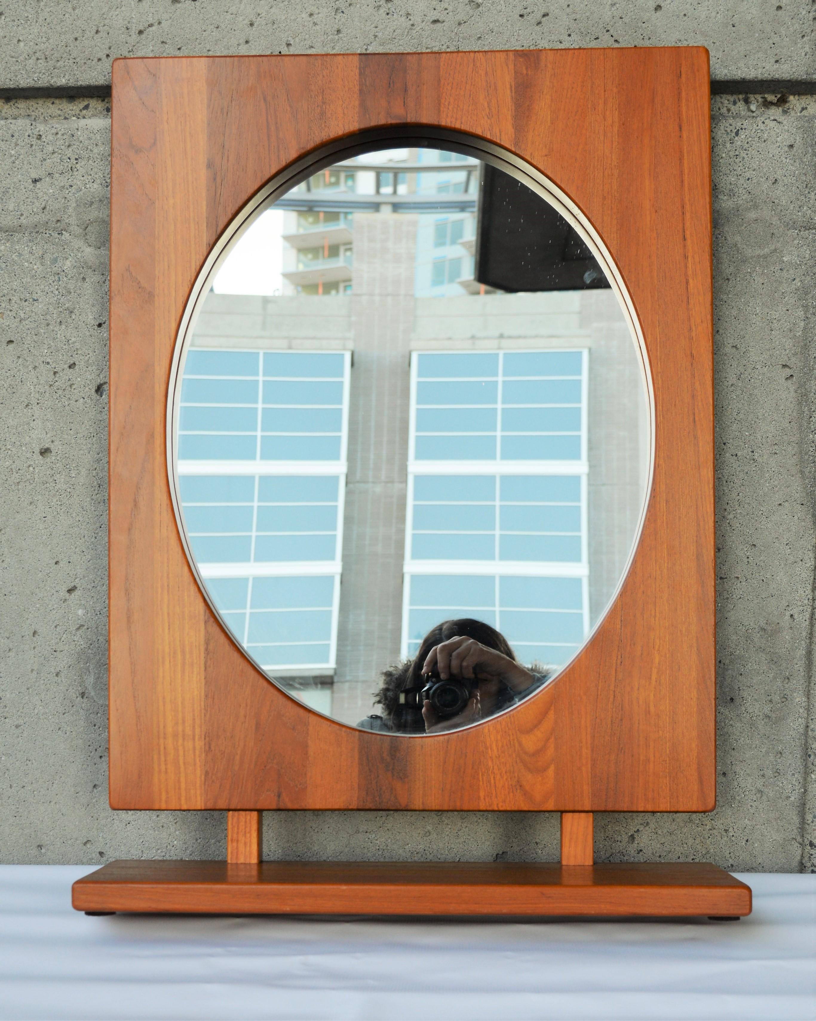 Solid Teak Table or Wall Mirror with Shelf in Oval by Pedersen & Hansen, Denmark For Sale 2