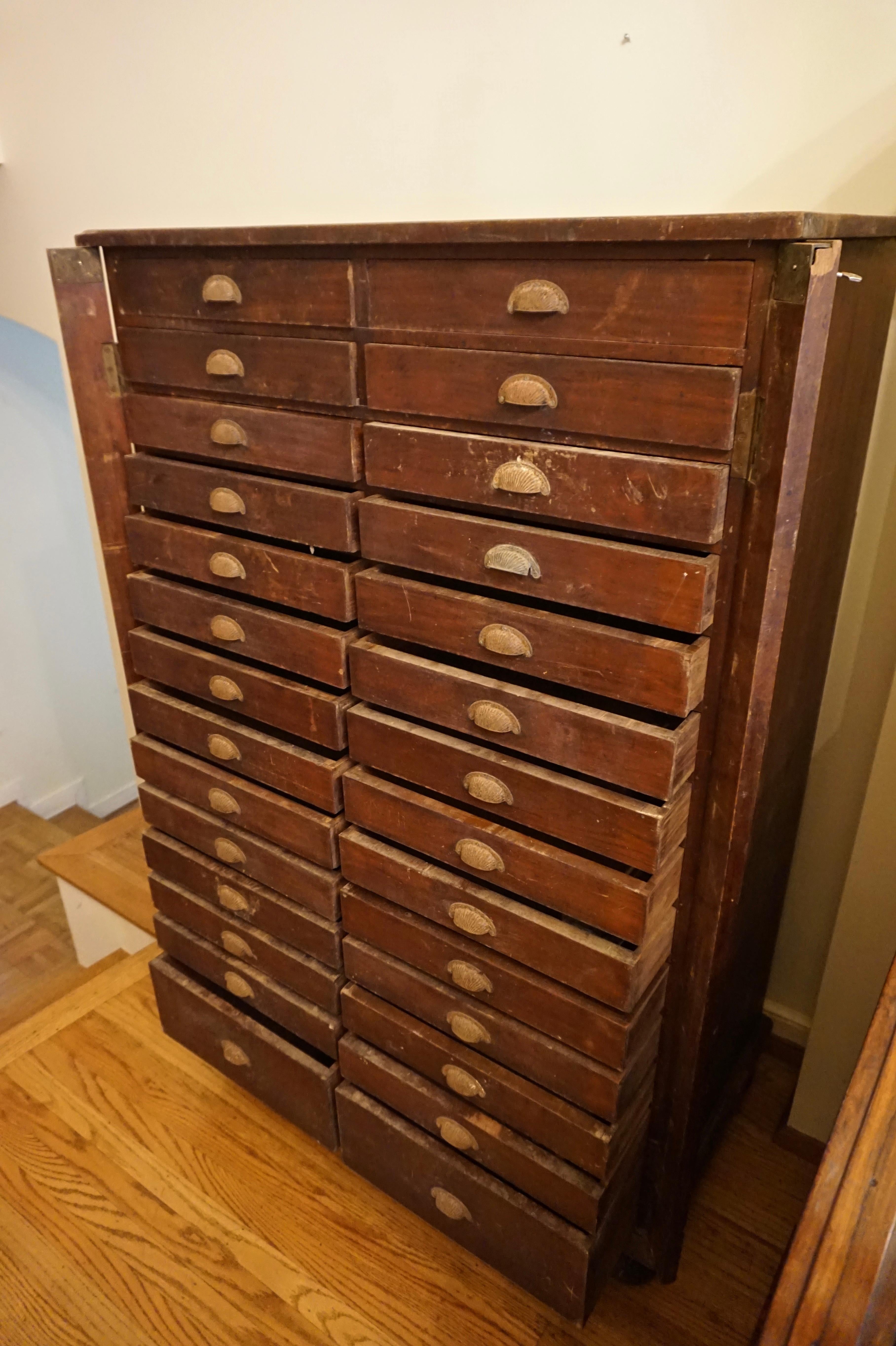 British Colonial Teak Filing Apothecary Cabinet wt Metal Pulls & Lock Mechanism For Sale 9