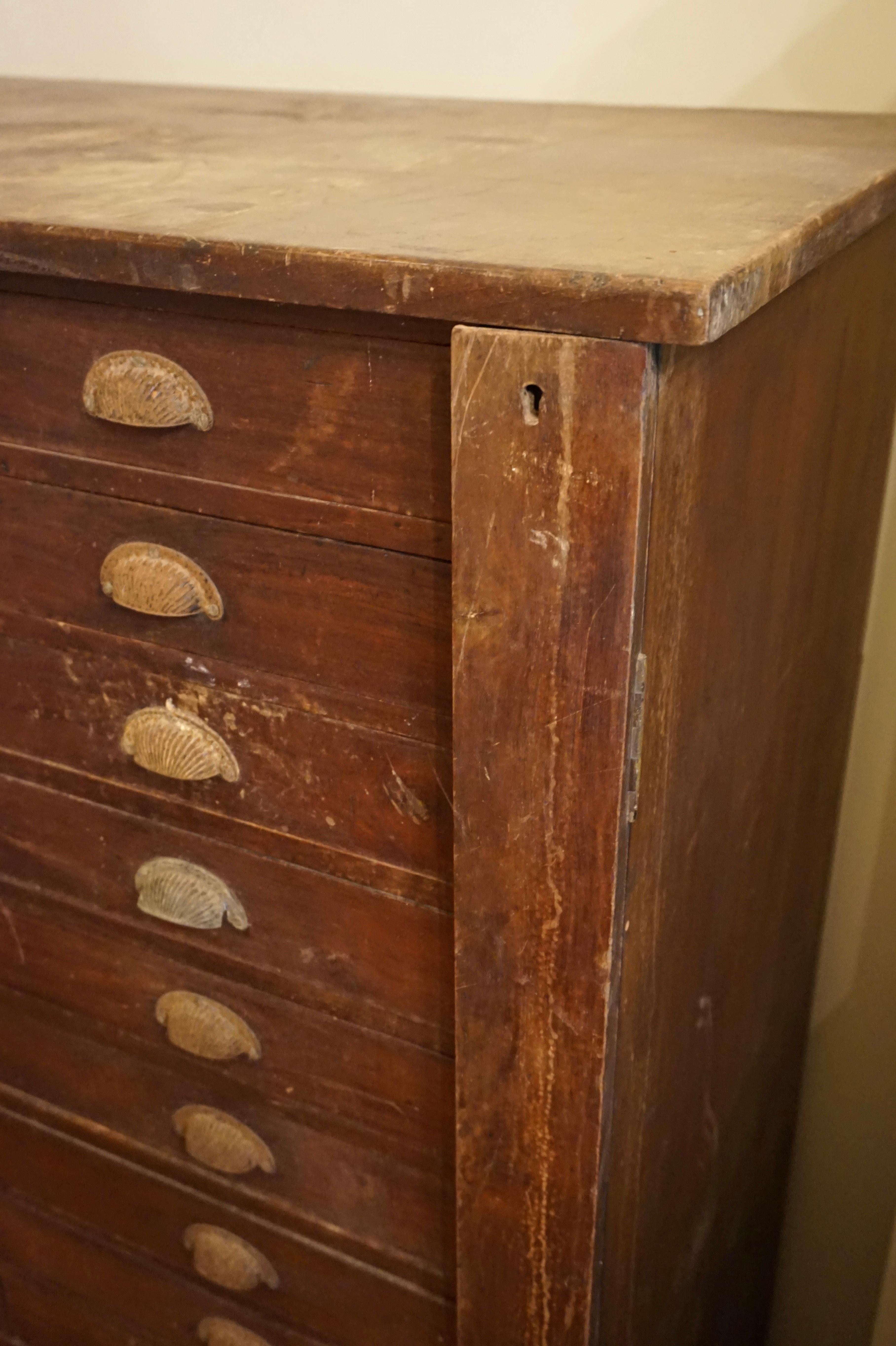 Victorian British Colonial Teak Filing Apothecary Cabinet wt Metal Pulls & Lock Mechanism For Sale