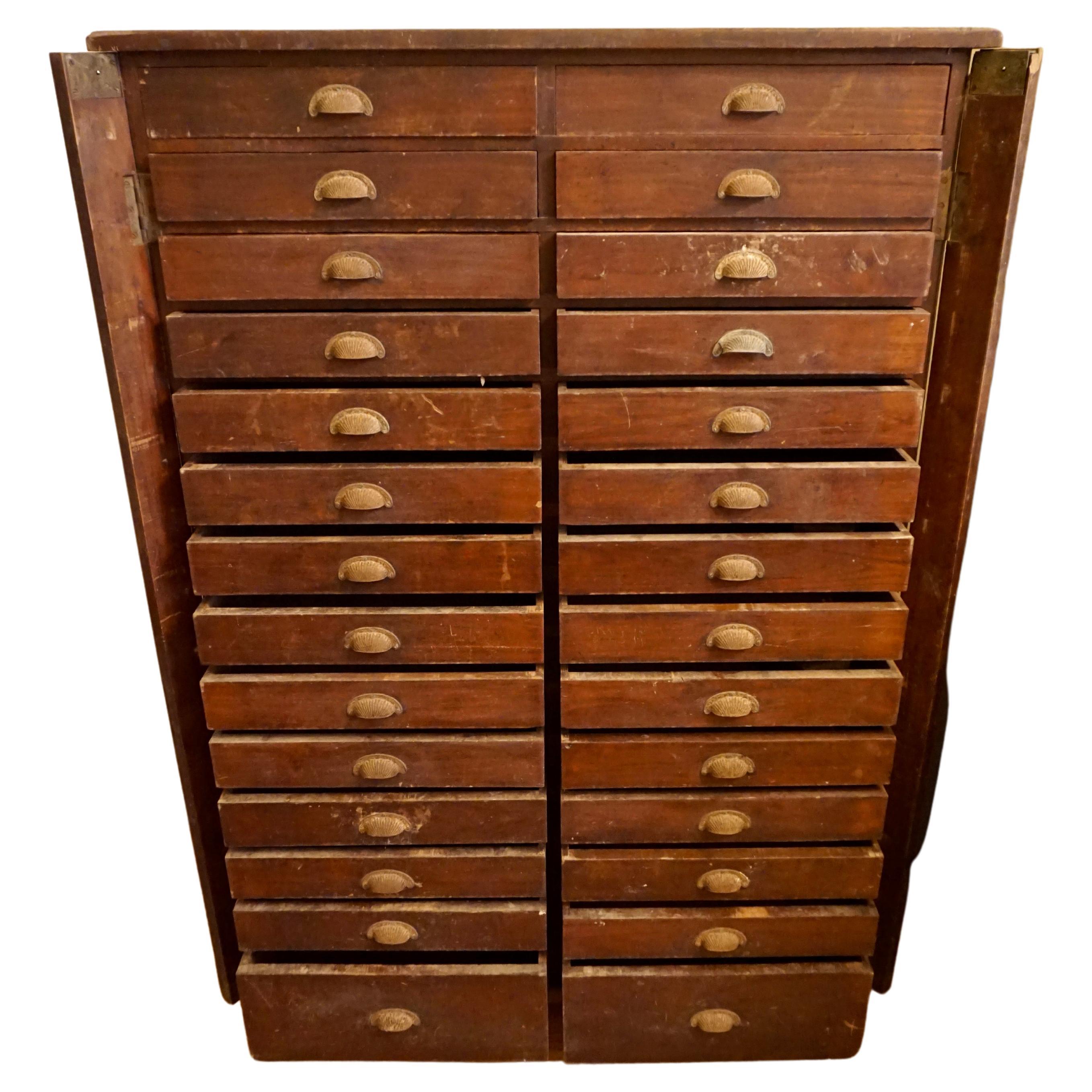 British Colonial Teak Filing Apothecary Cabinet wt Metal Pulls & Lock Mechanism