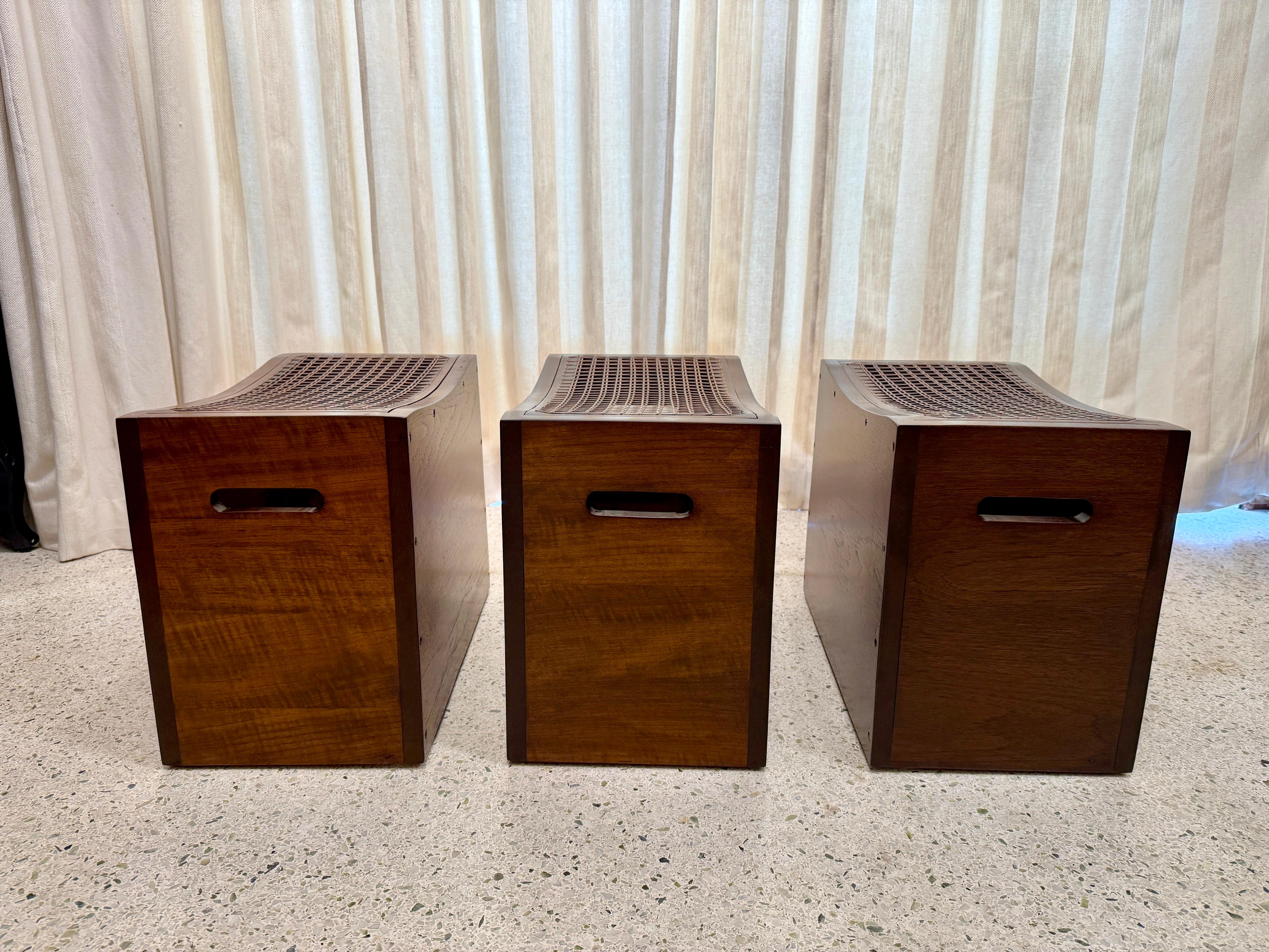 French Solid Teak & Wicker Seat Occasional Stools - Three (3) Available For Sale