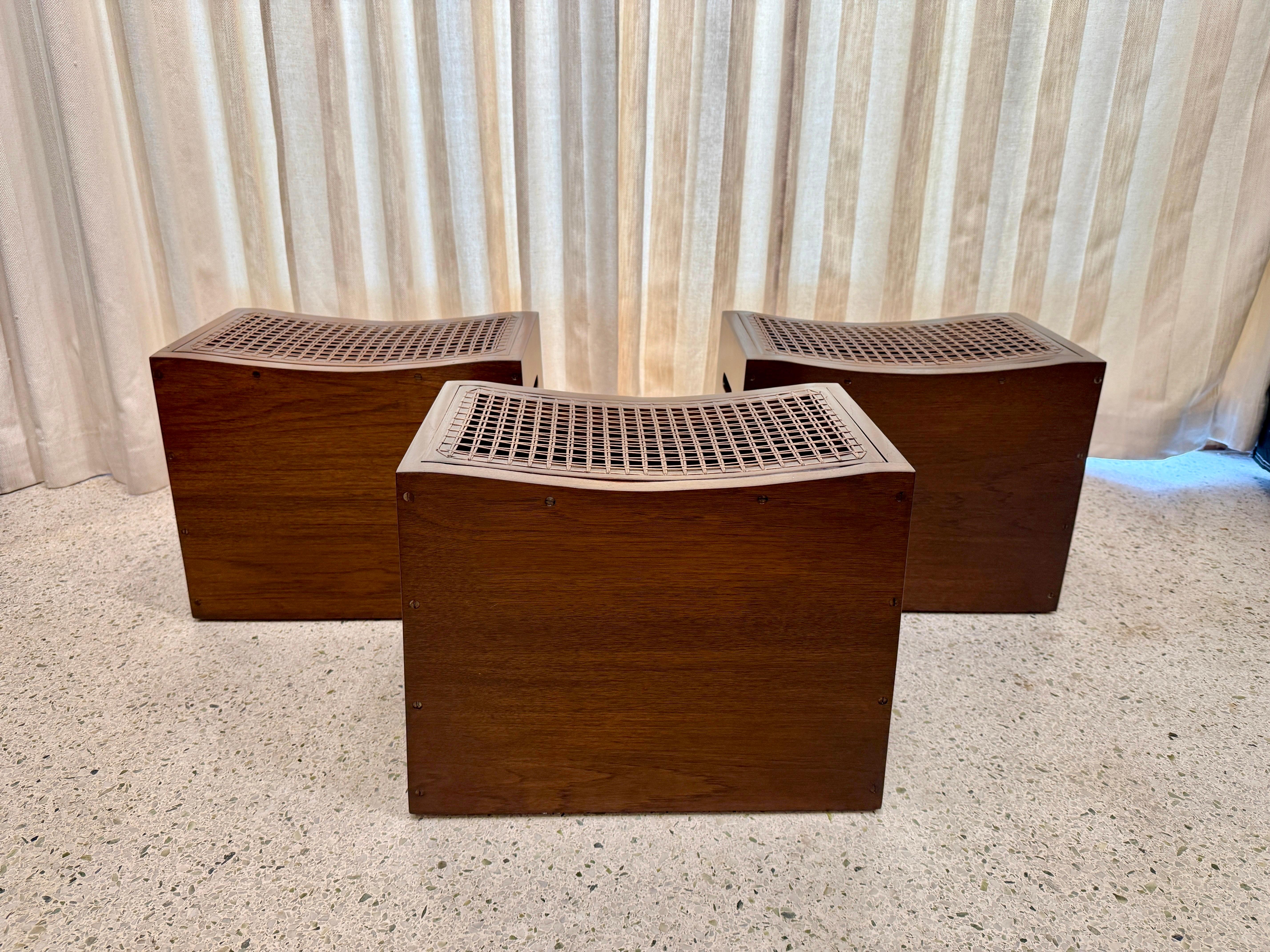 Solid Teak & Wicker Seat Occasional Stools - Three (3) Available In Good Condition For Sale In North Miami, FL