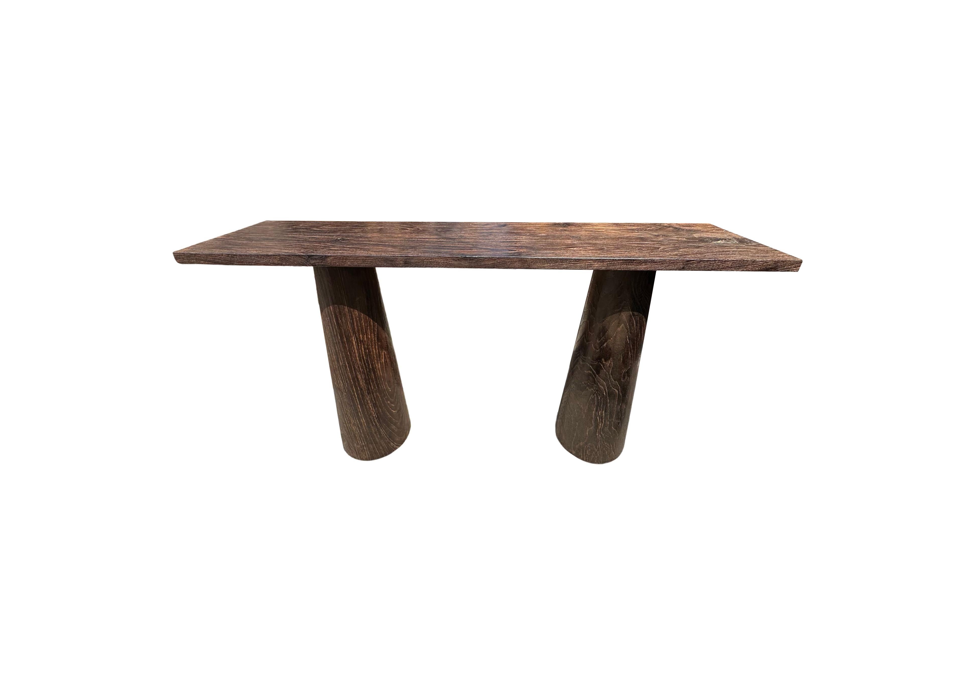 Other Solid Teak Wood Console Table, Burnt Finish Modern Organic For Sale