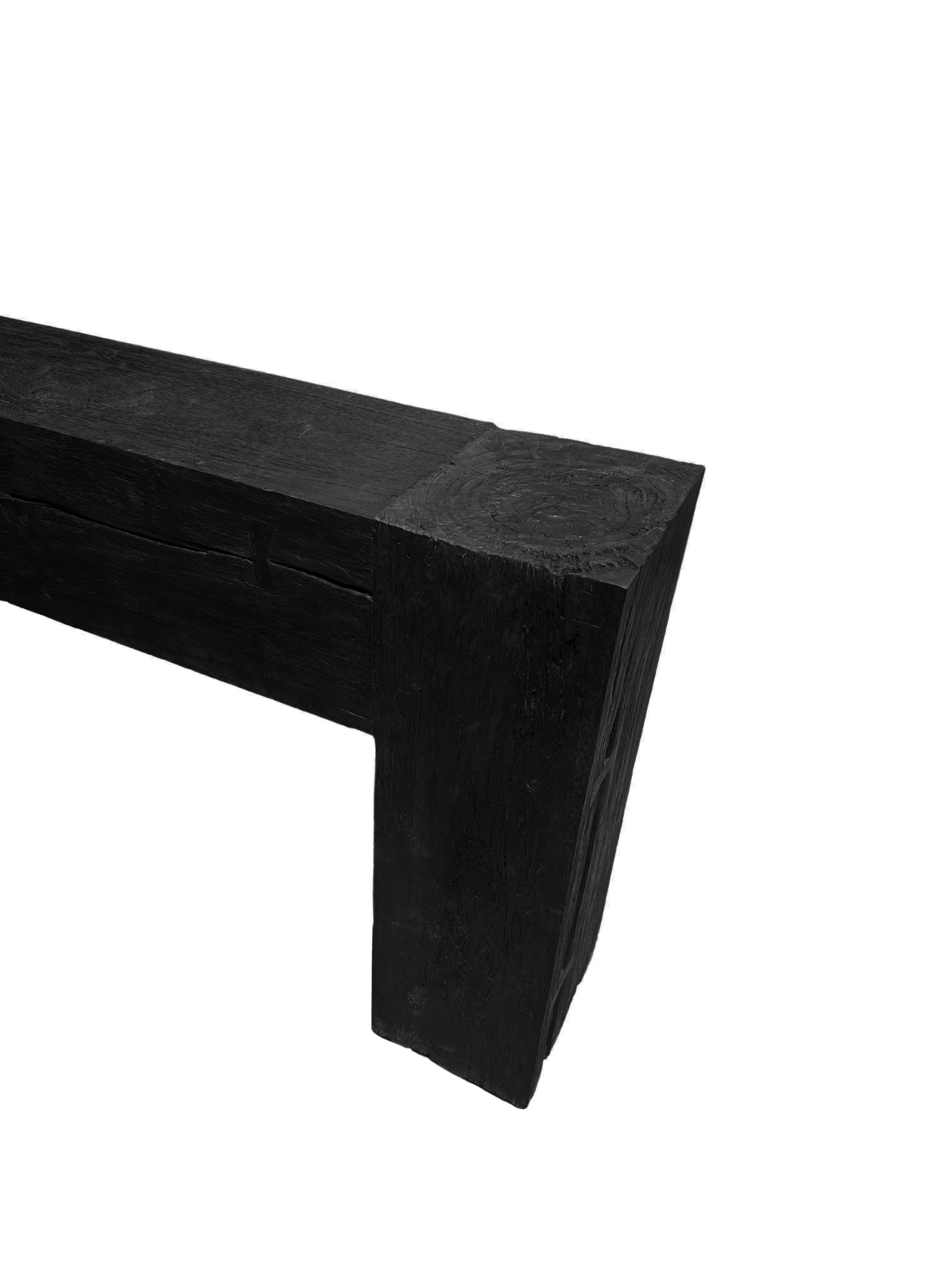 Other Solid Teak Wood Console Table, Burnt Finish Modern Organic For Sale
