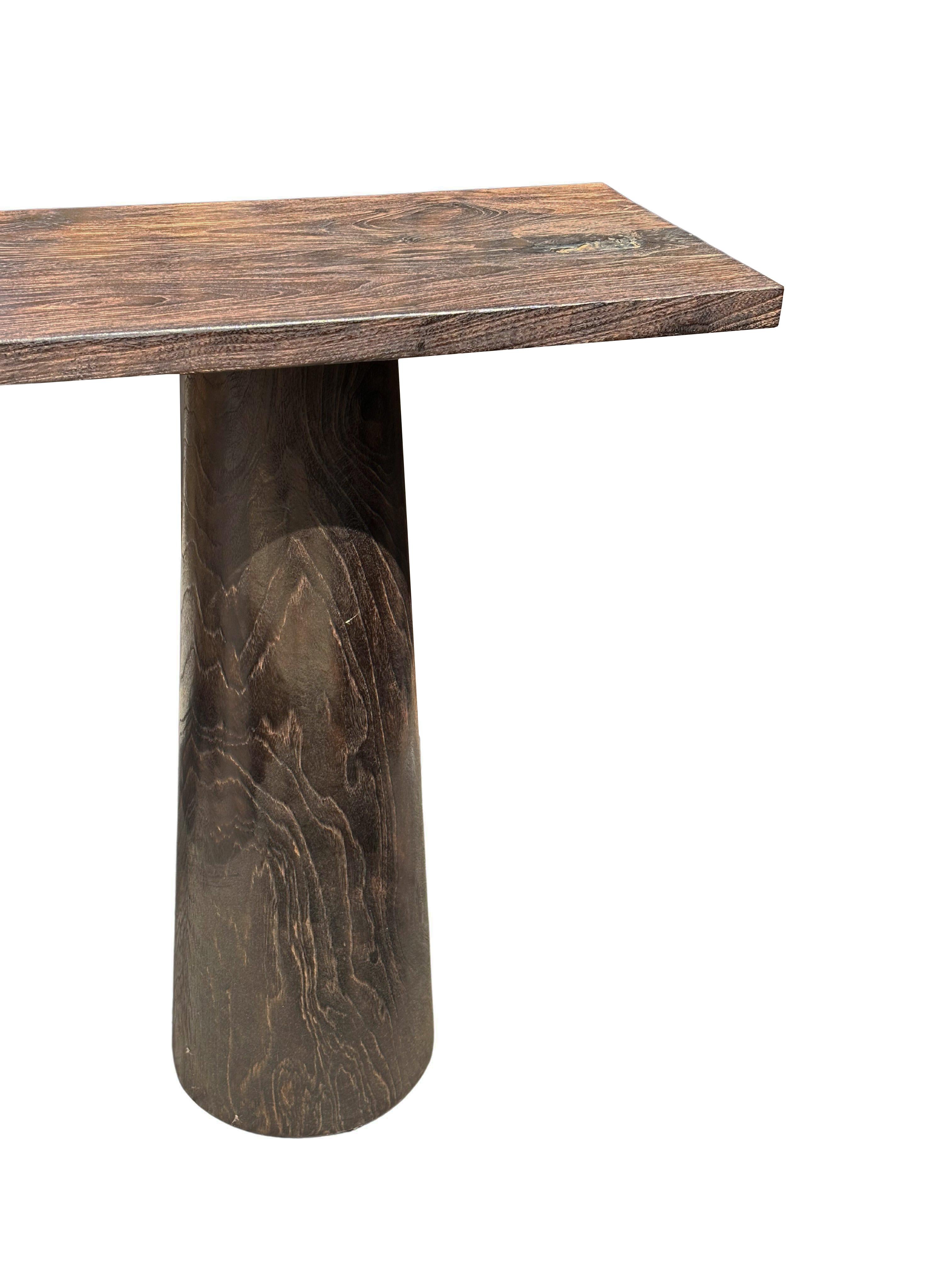 Indonesian Solid Teak Wood Console Table, Burnt Finish Modern Organic For Sale