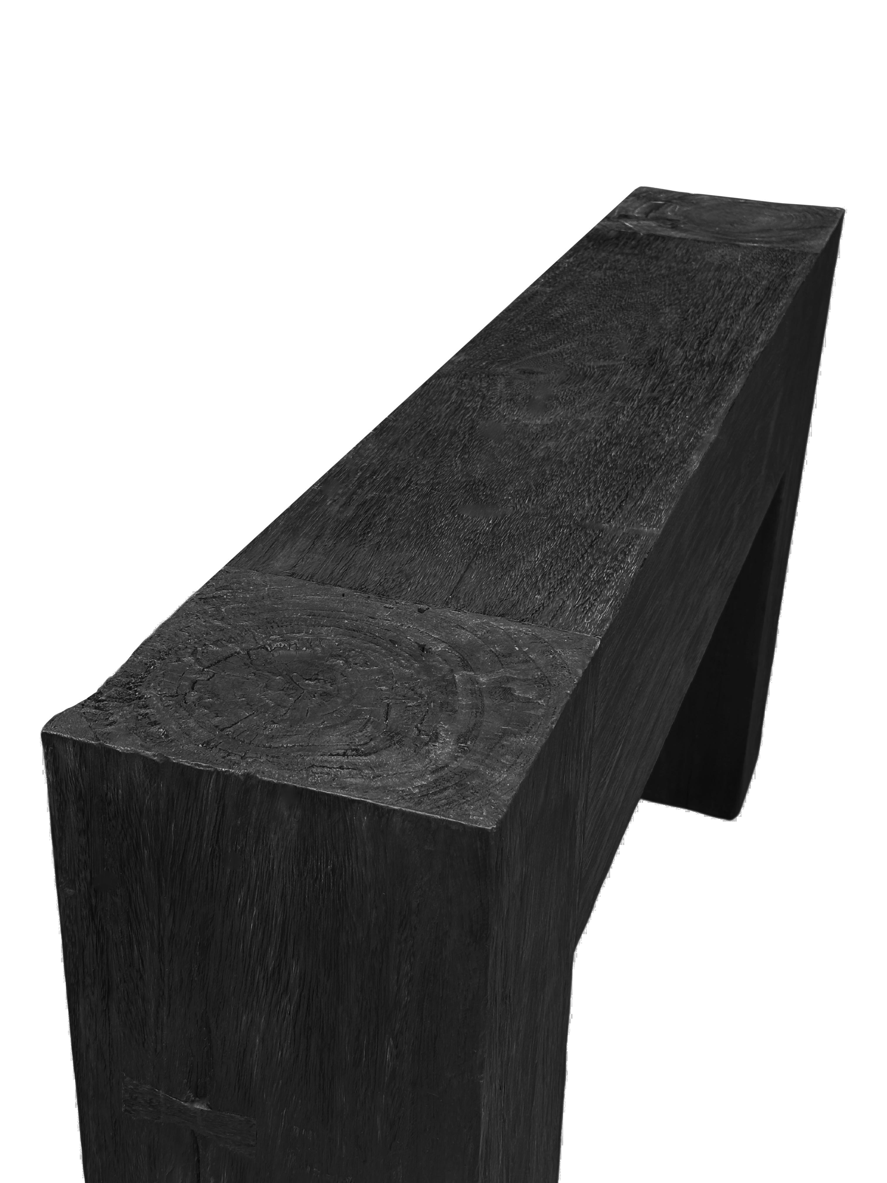 Indonesian Solid Teak Wood Console Table, Burnt Finish Modern Organic For Sale