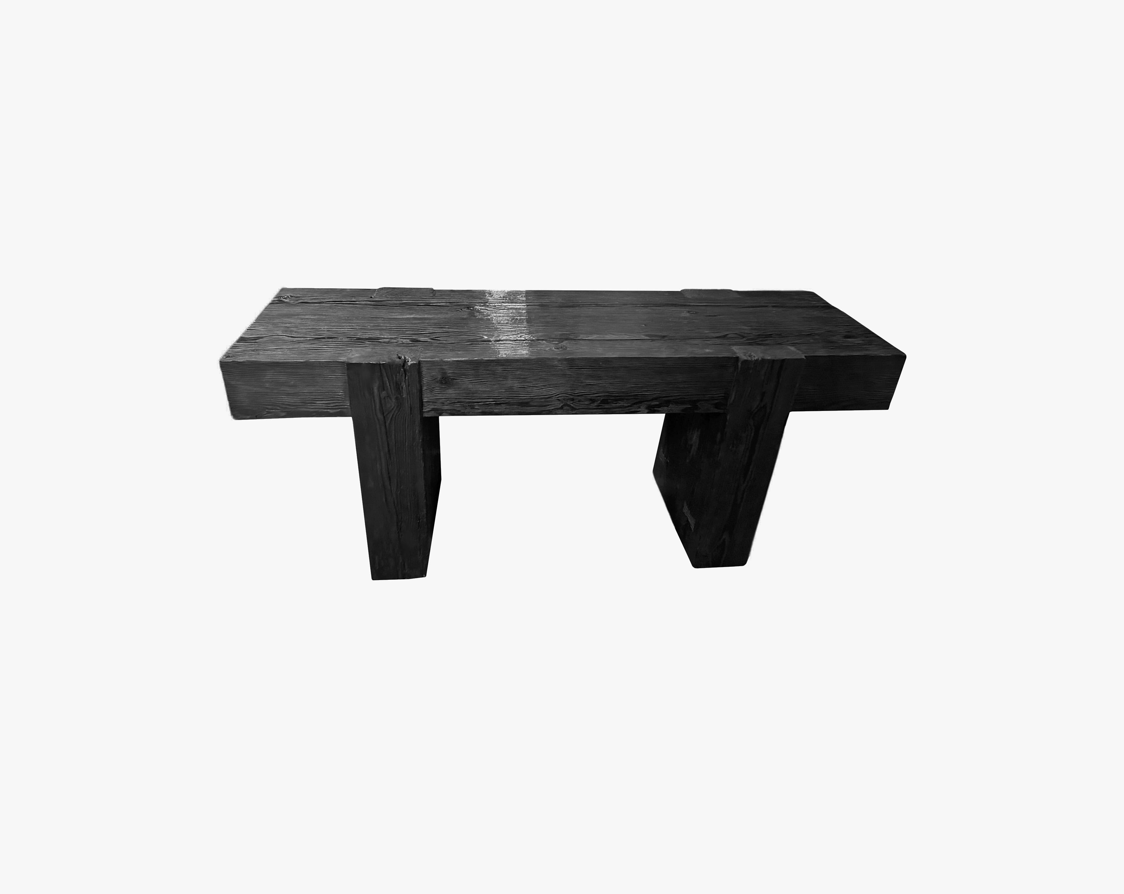 Hand-Crafted Solid Teak Wood Console Table, Burnt Finish Modern Organic For Sale