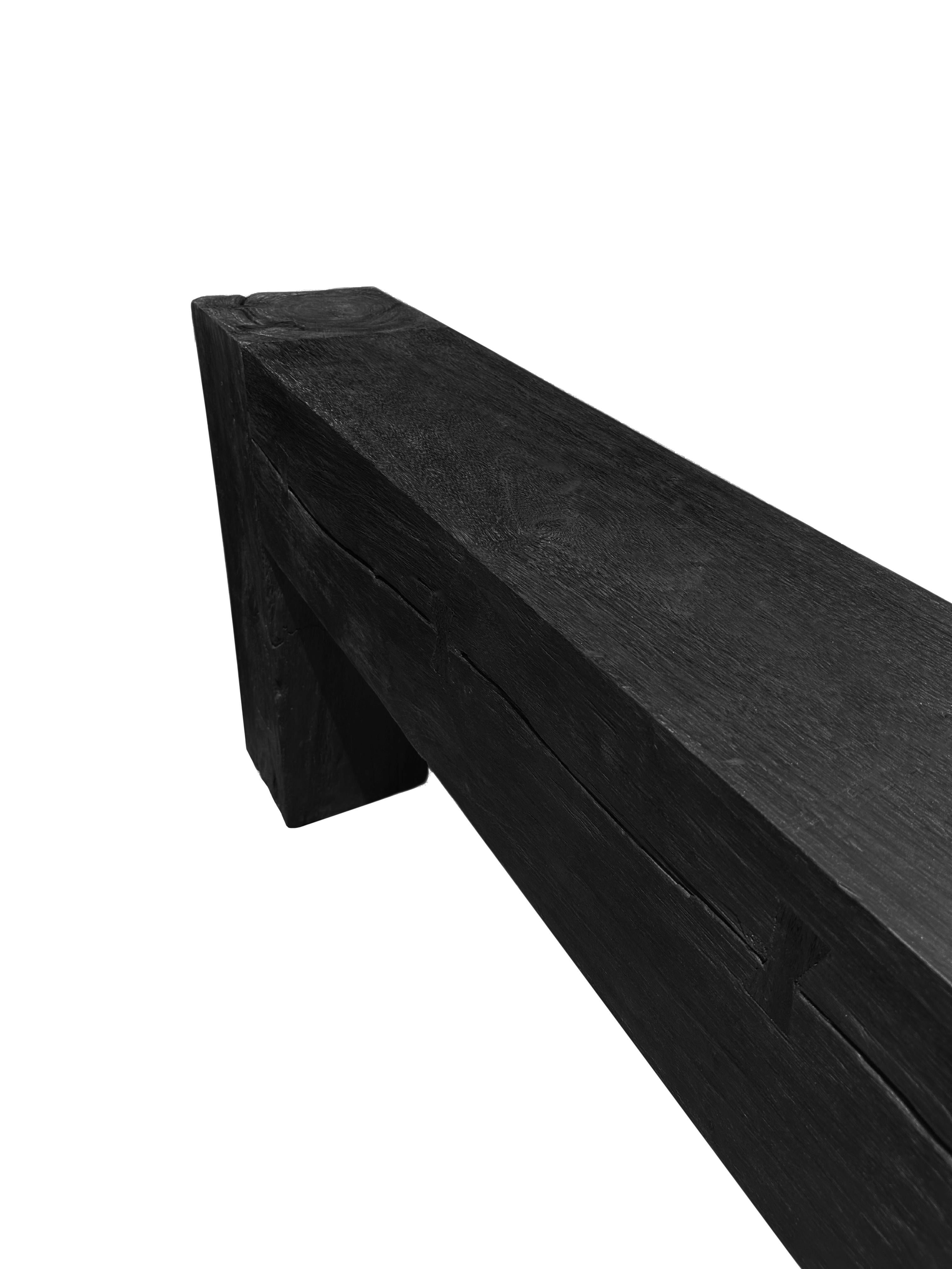 Hand-Crafted Solid Teak Wood Console Table, Burnt Finish Modern Organic For Sale