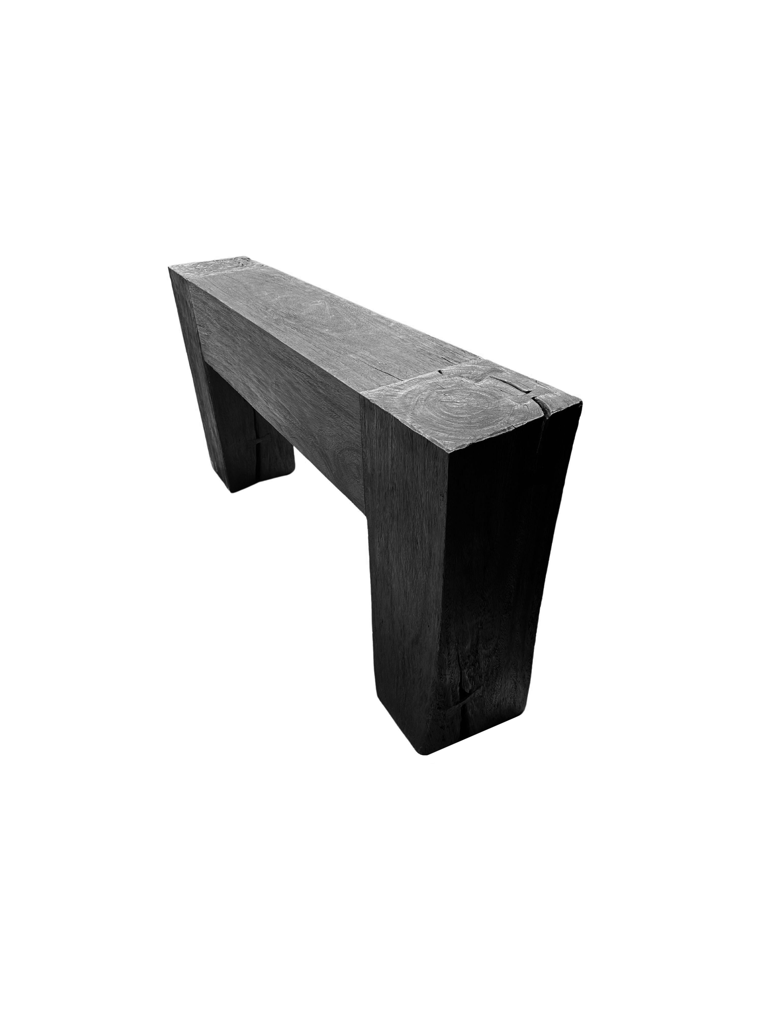 Solid Teak Wood Console Table, Burnt Finish Modern Organic In Good Condition For Sale In Jimbaran, Bali