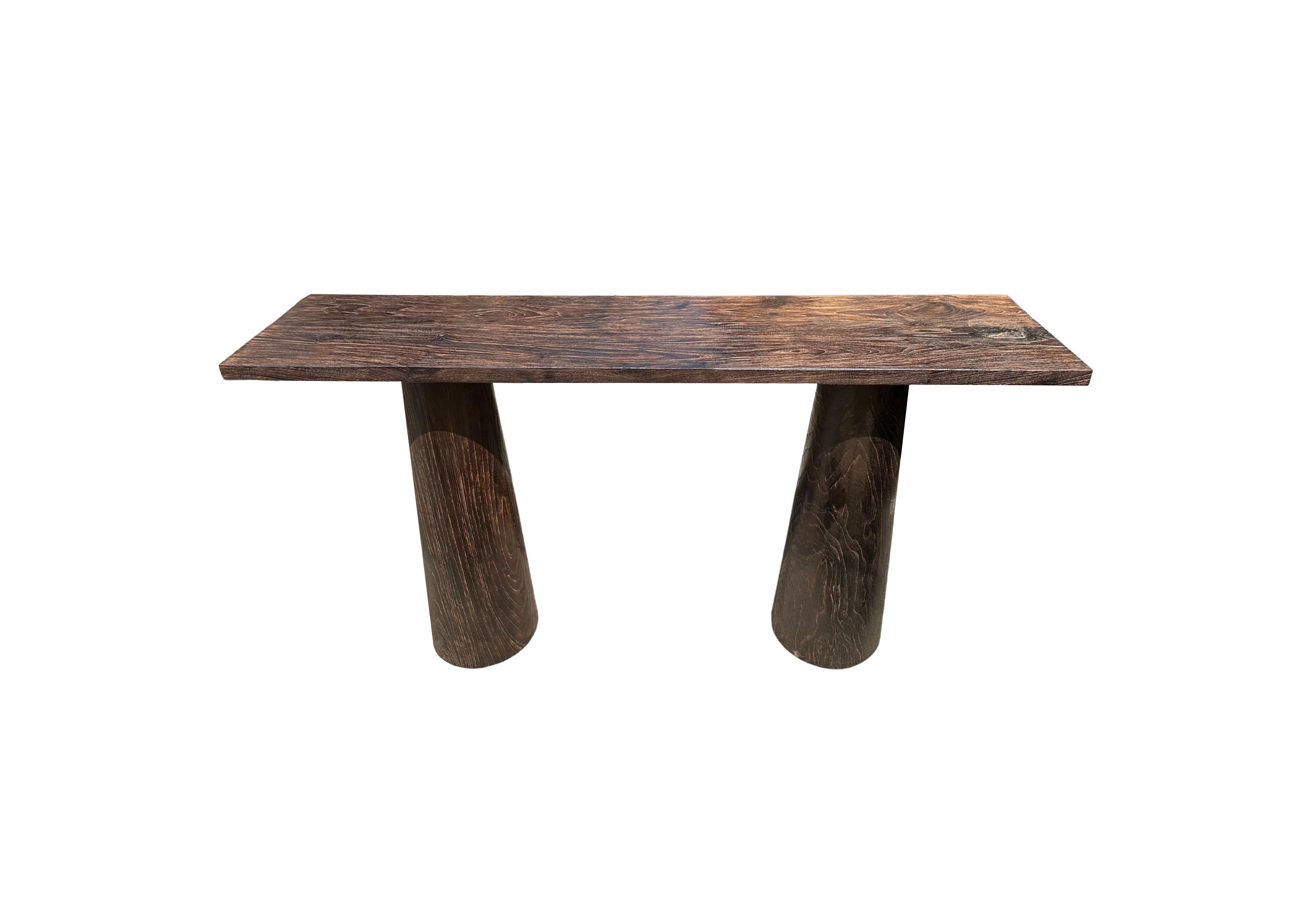 Contemporary Solid Teak Wood Console Table, Burnt Finish Modern Organic For Sale