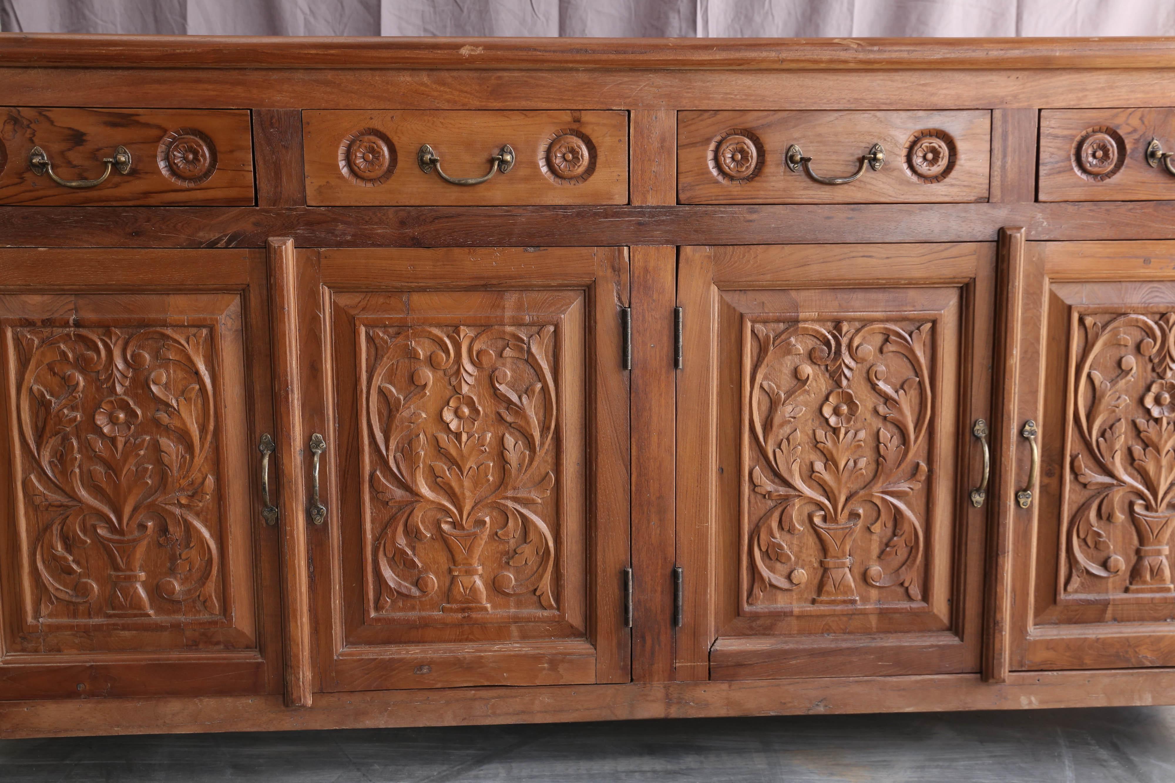 Anglo-Indian Solid Teak Wood Early 20th Century Entry Hall Credenza from a Tea Plantation