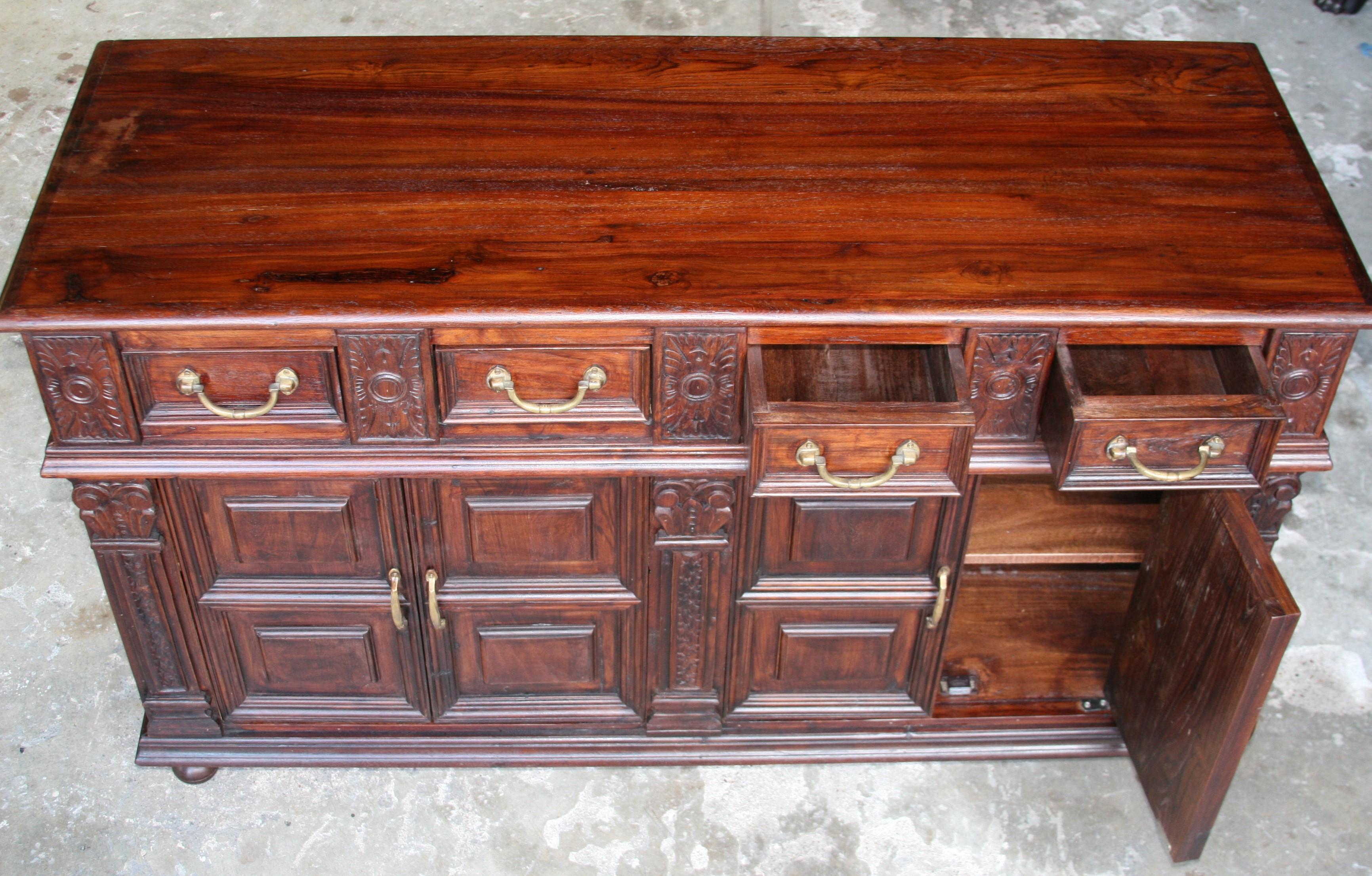 Solid Teak Wood Early 20th Century Superbly Crafted French Colonial Credenza For Sale 4