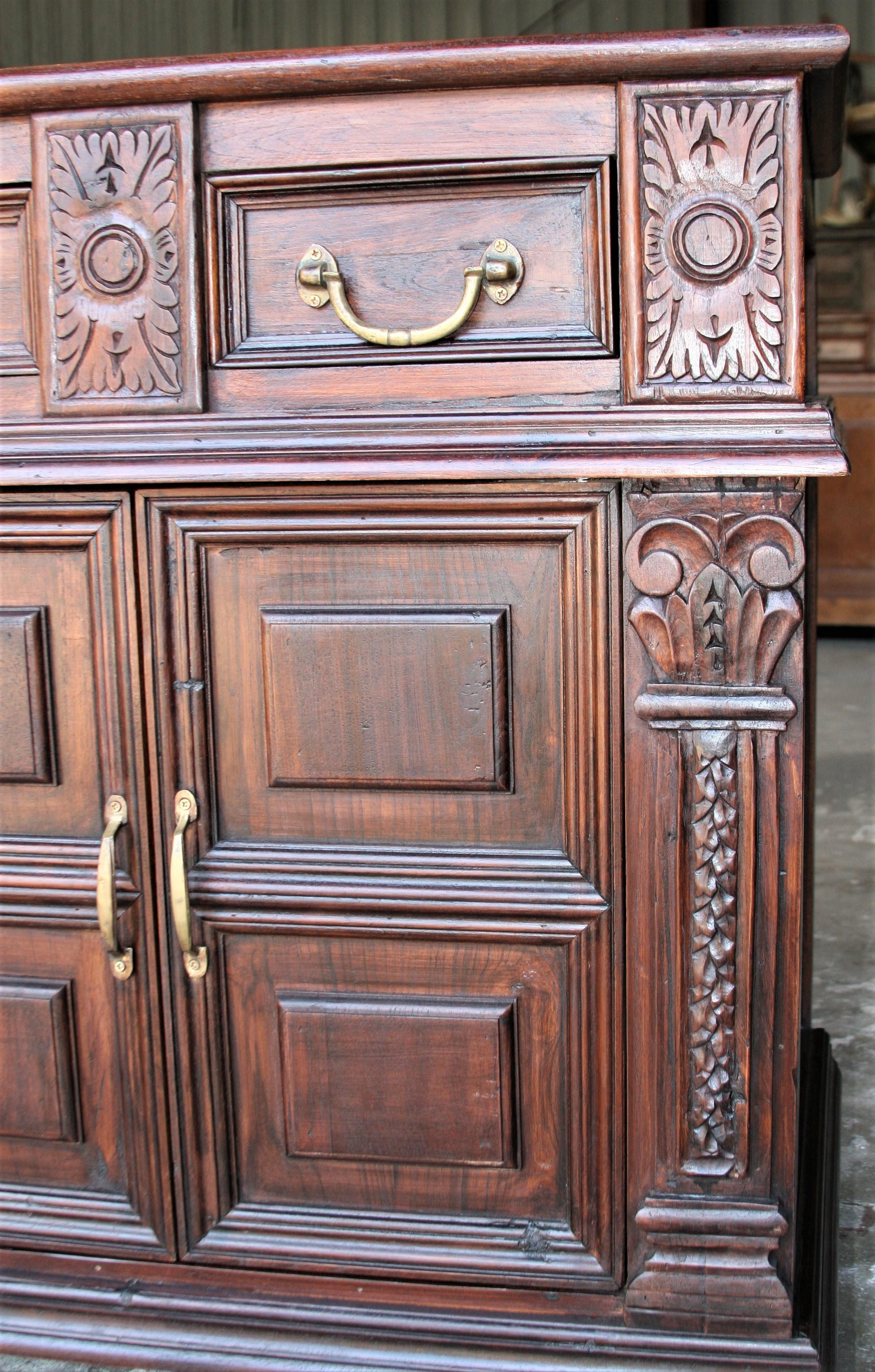 French Provincial Solid Teak Wood Early 20th Century Superbly Crafted French Colonial Credenza For Sale