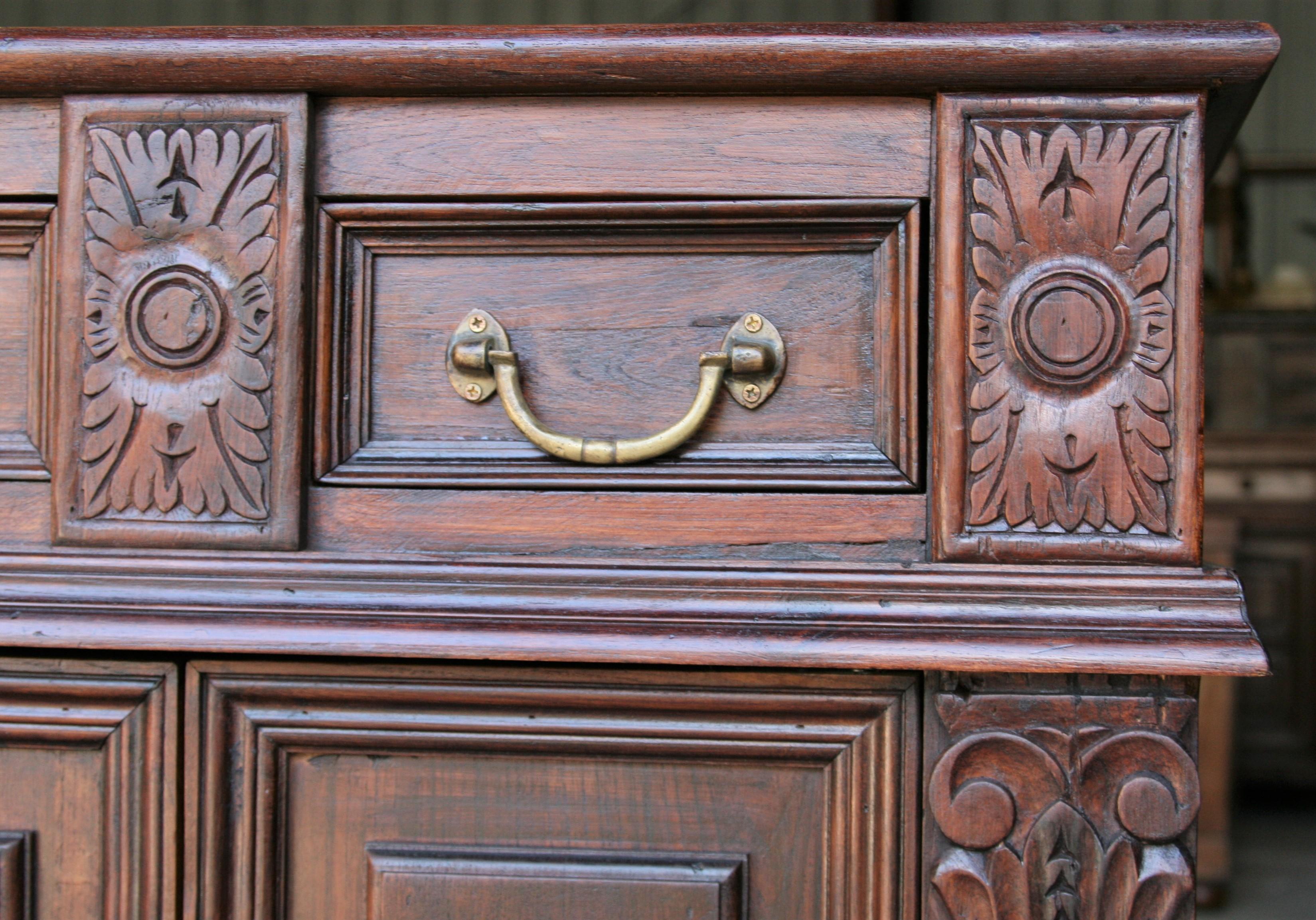 Indian Solid Teak Wood Early 20th Century Superbly Crafted French Colonial Credenza For Sale