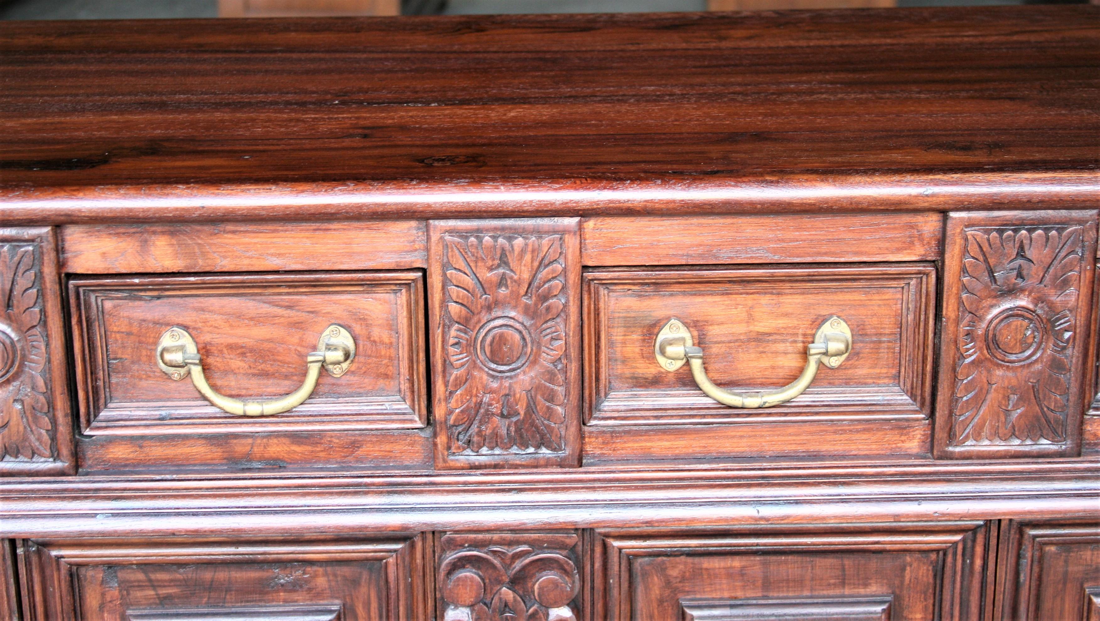 Solid Teak Wood Early 20th Century Superbly Crafted French Colonial Credenza In Good Condition For Sale In Houston, TX