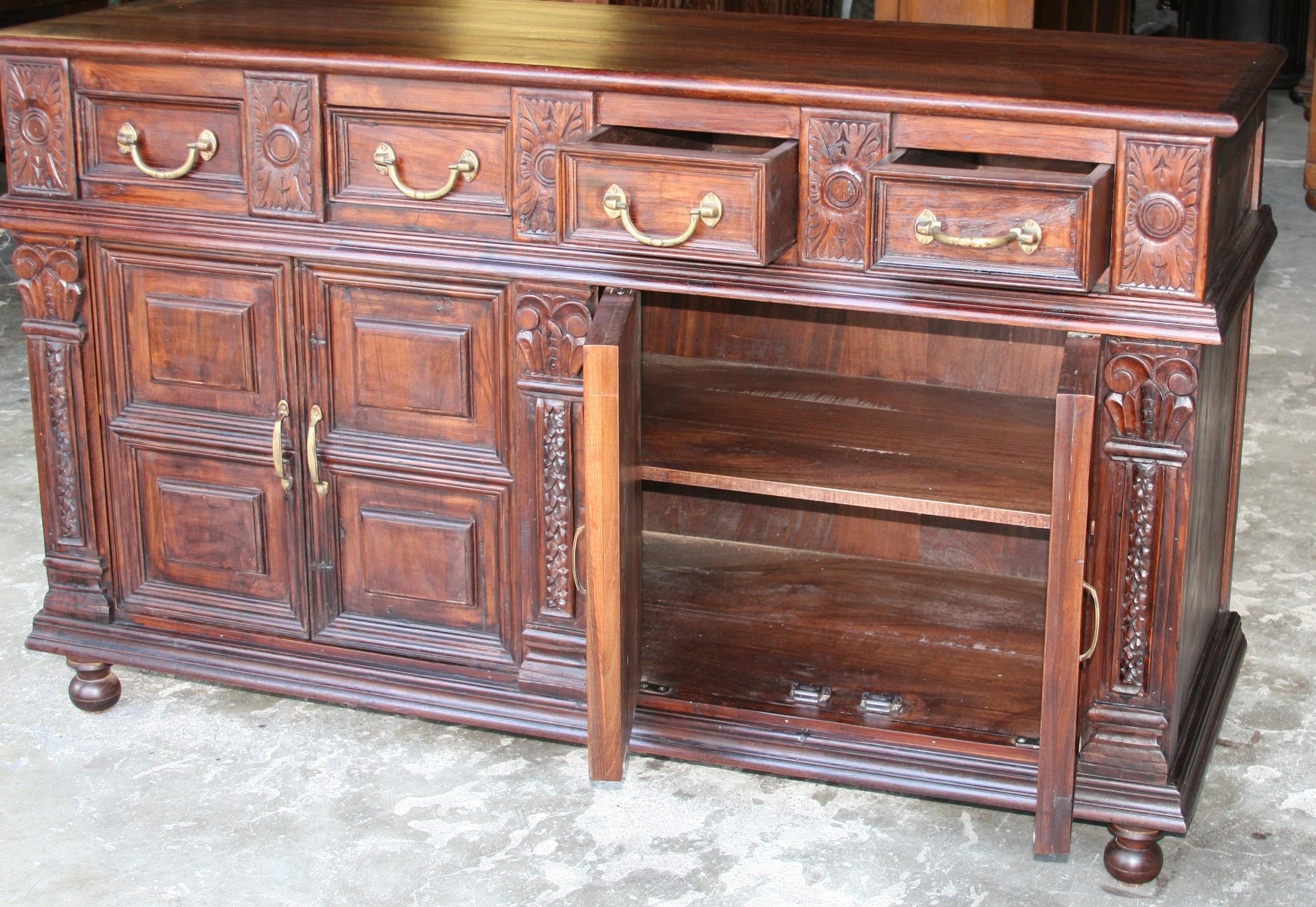 Solid Teak Wood Early 20th Century Superbly Crafted French Colonial Credenza For Sale 2
