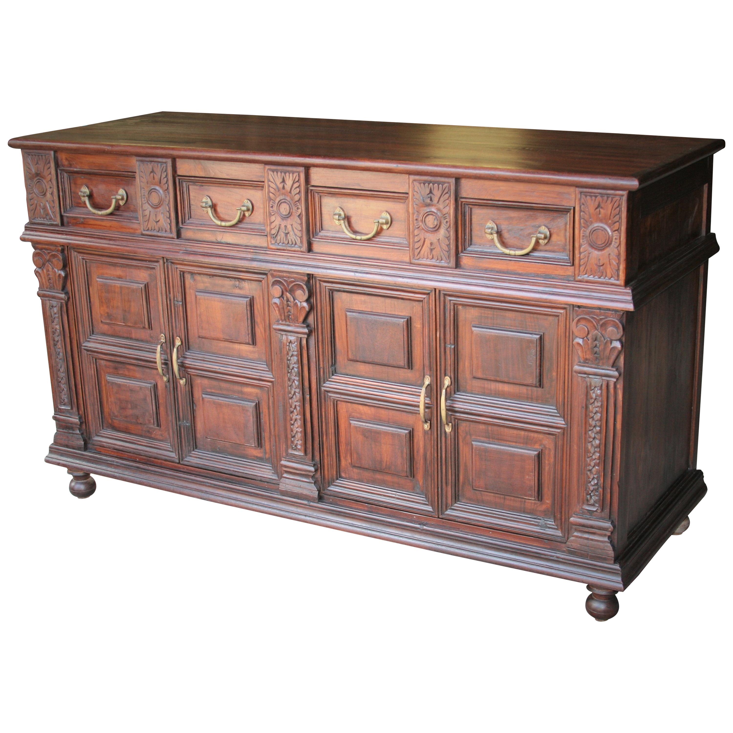Solid Teak Wood Early 20th Century Superbly Crafted French Colonial Credenza For Sale