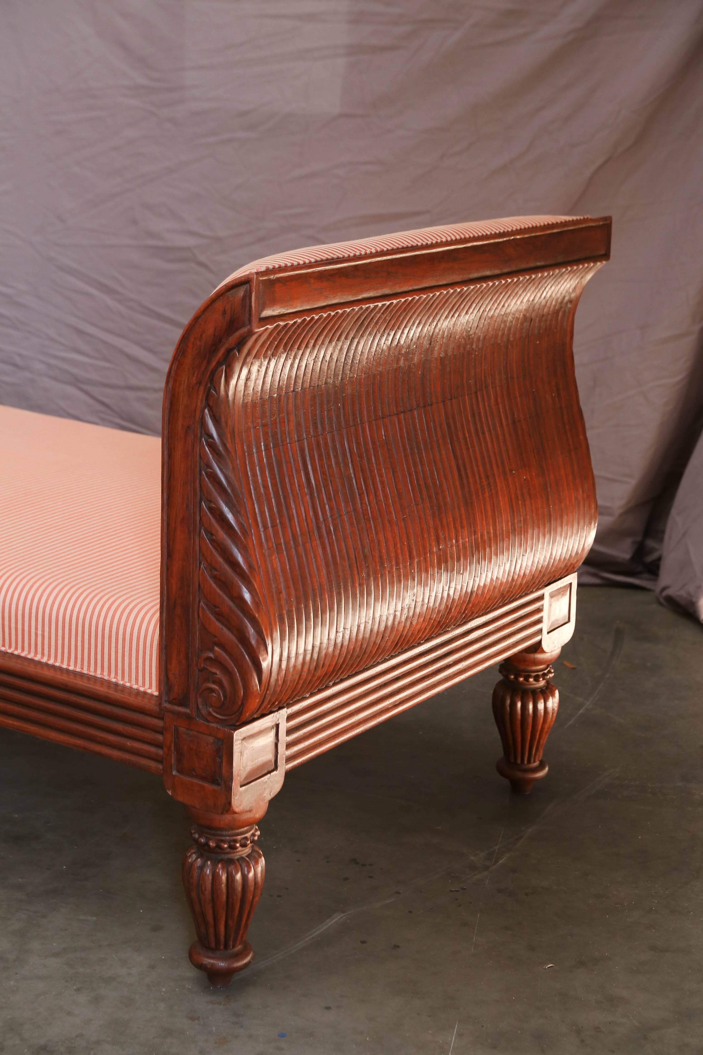 Hand-Carved Solid Teak Wood Early 20th Century Upholstered Daybed from a Settler’s Home For Sale