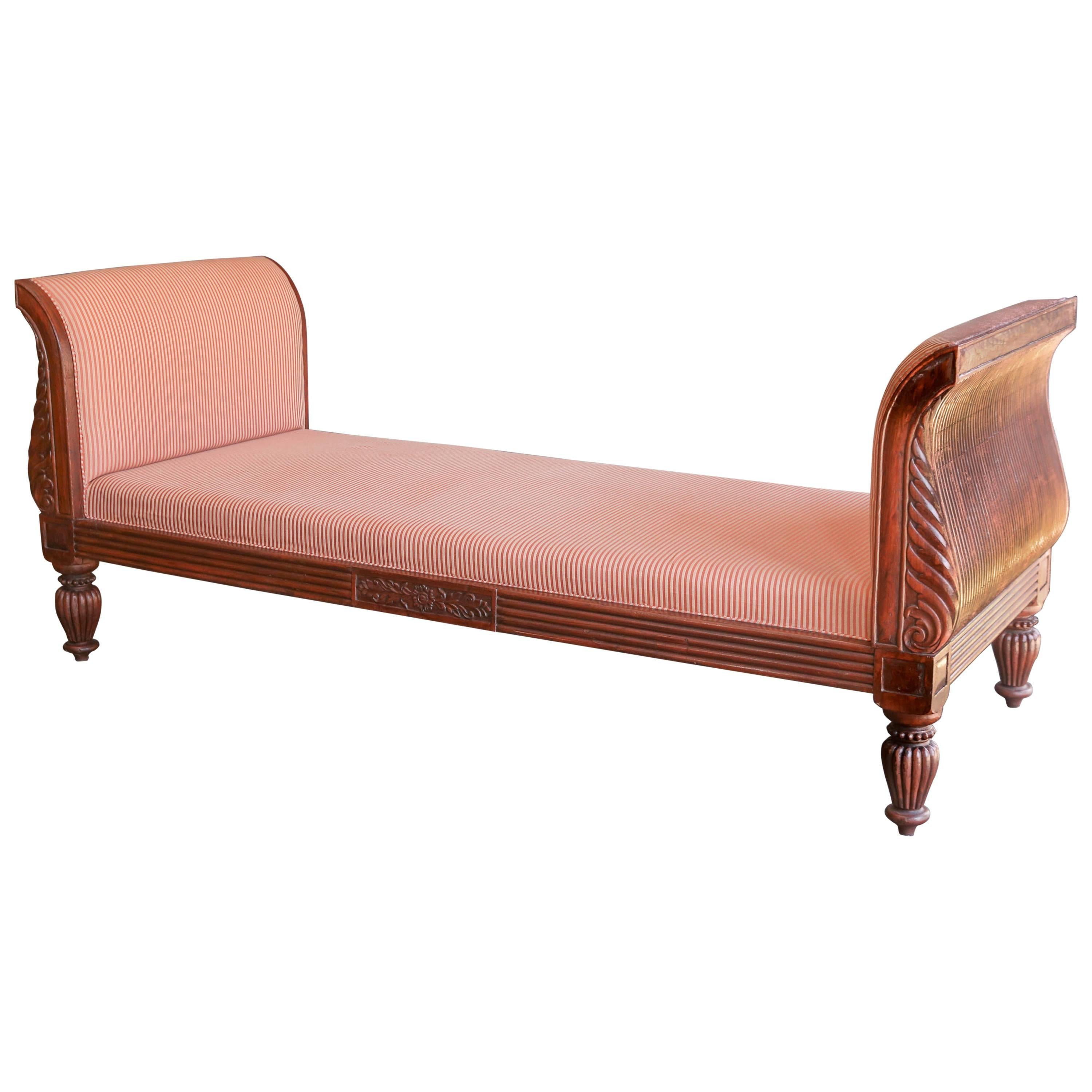 Solid Teak Wood Early 20th Century Upholstered Daybed from a Settler’s Home im Angebot