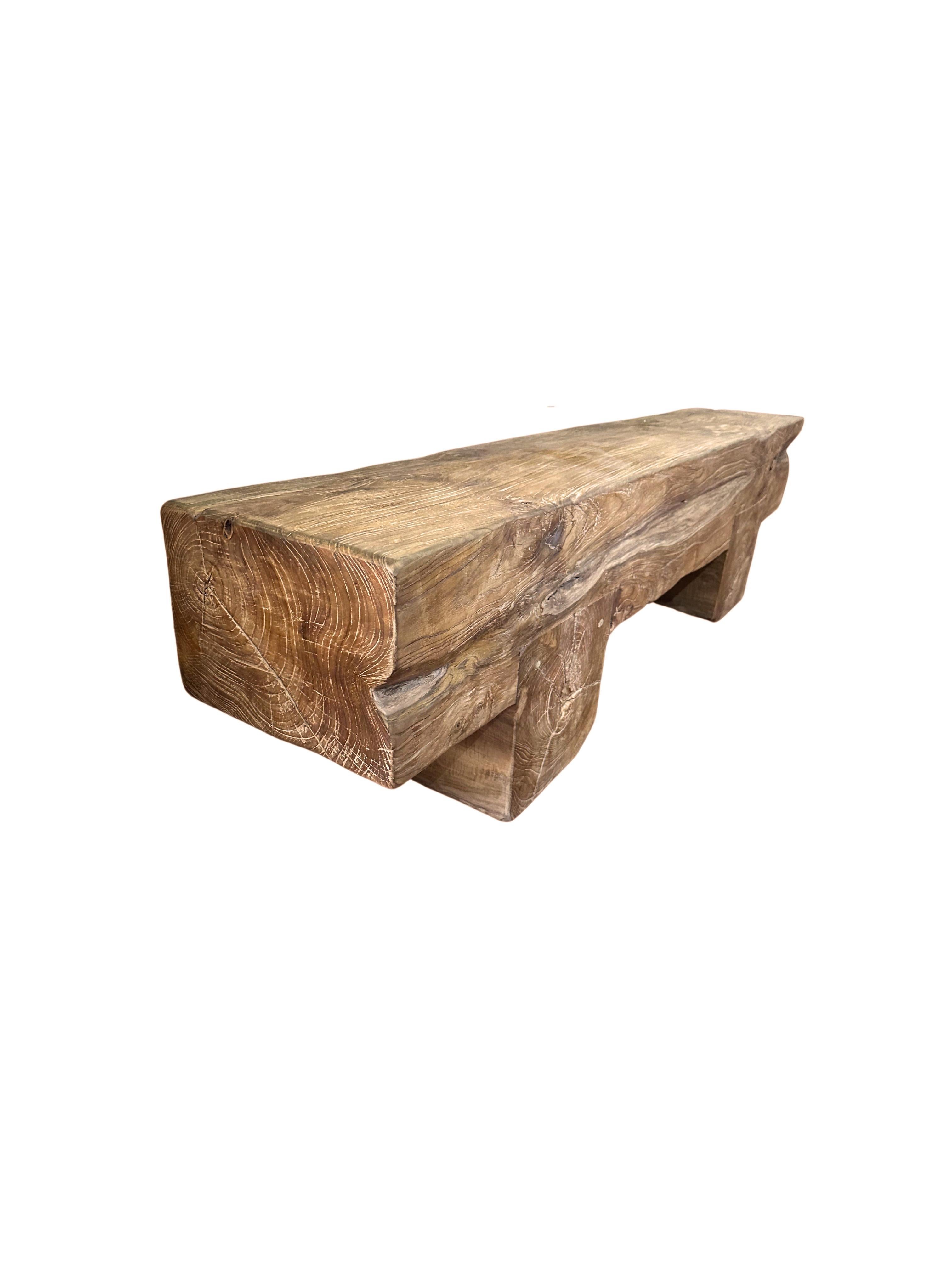 Indonesian Solid Teak Wood Sculptural Bench Modern Organic For Sale
