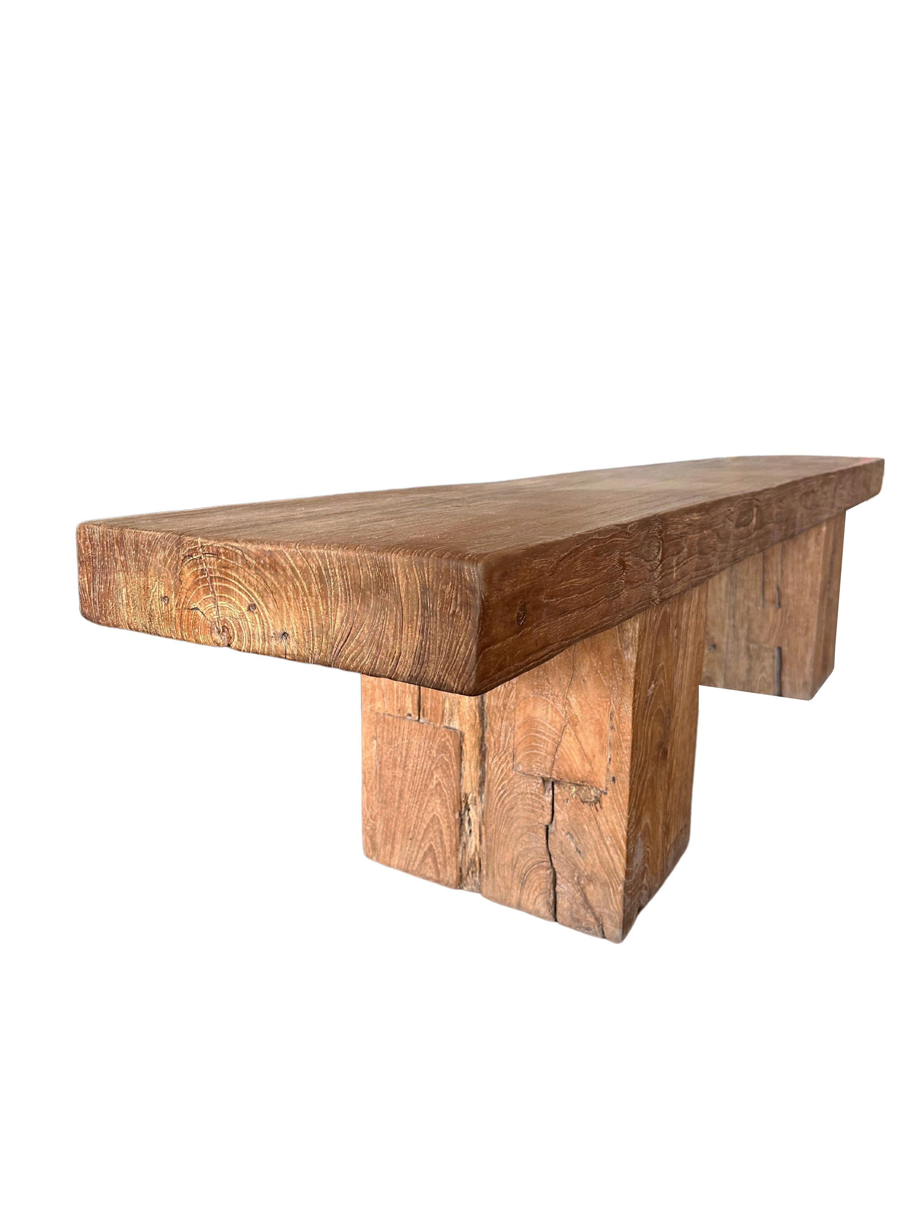 Contemporary Solid Teak Wood Sculptural Bench, Modern Organic For Sale