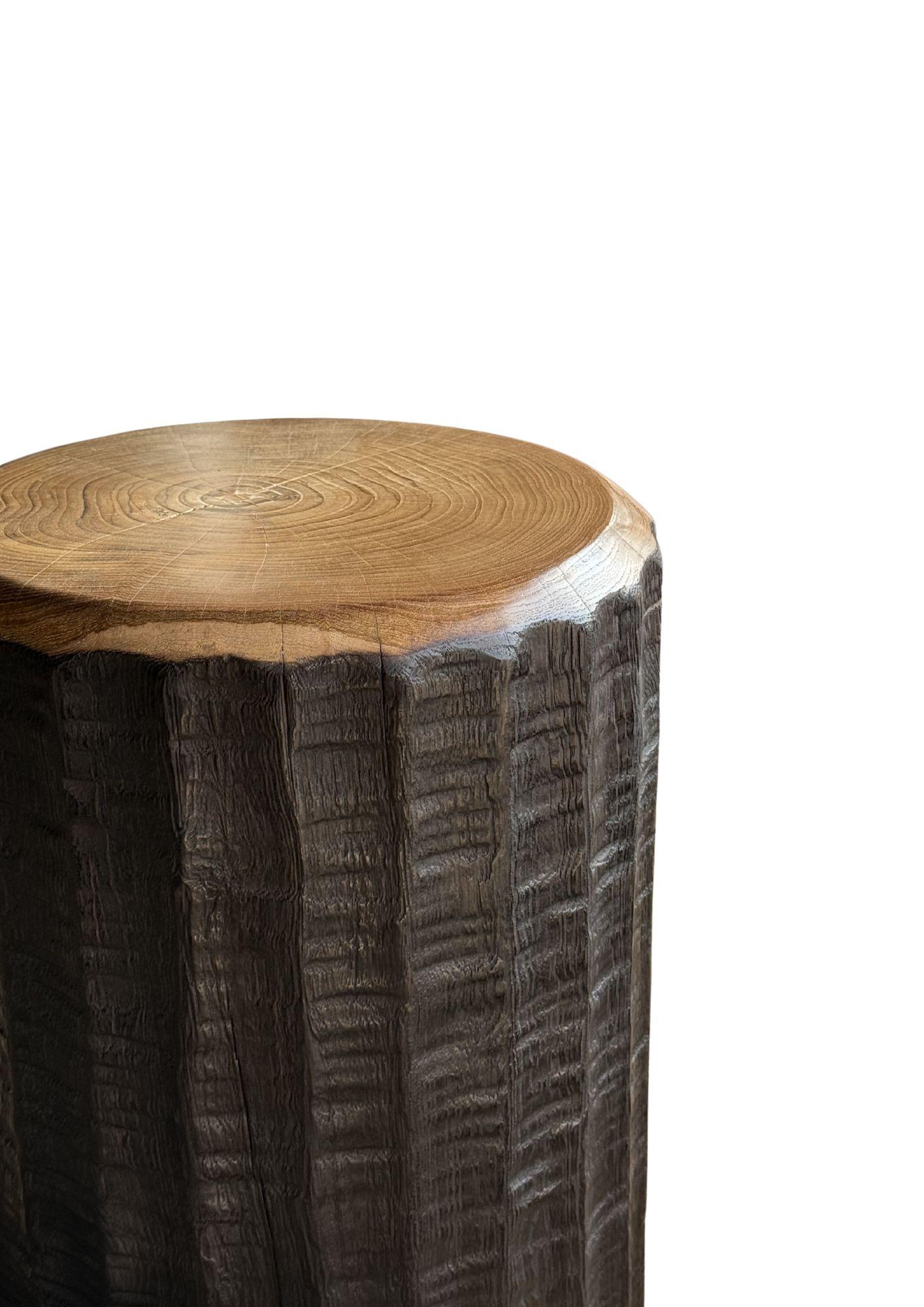 Organic Modern Solid Teak Wood Side Table Stunning Textures, Ribbed Detailing Modern Organic For Sale