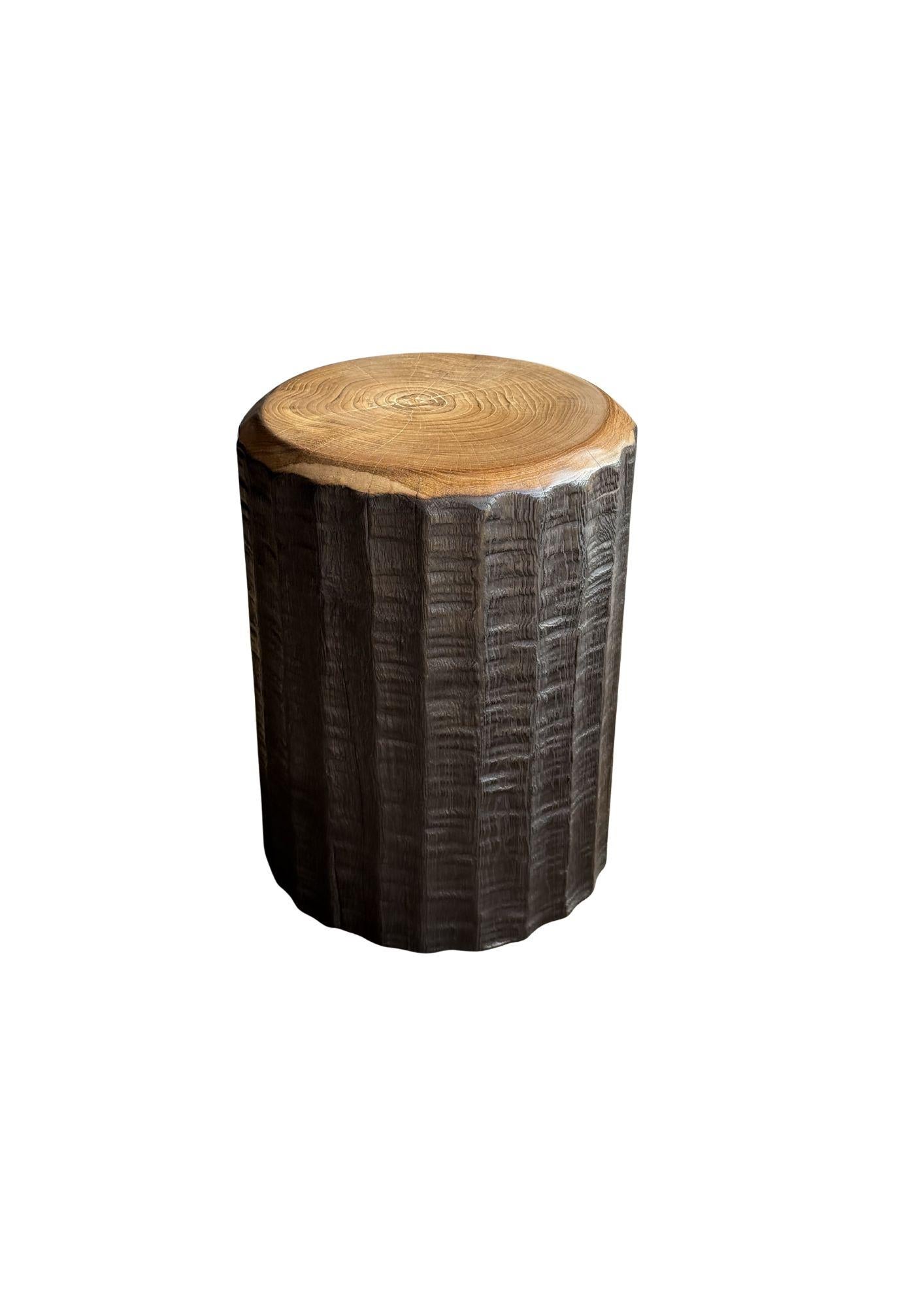 Indonesian Solid Teak Wood Side Table Stunning Textures, Ribbed Detailing Modern Organic For Sale