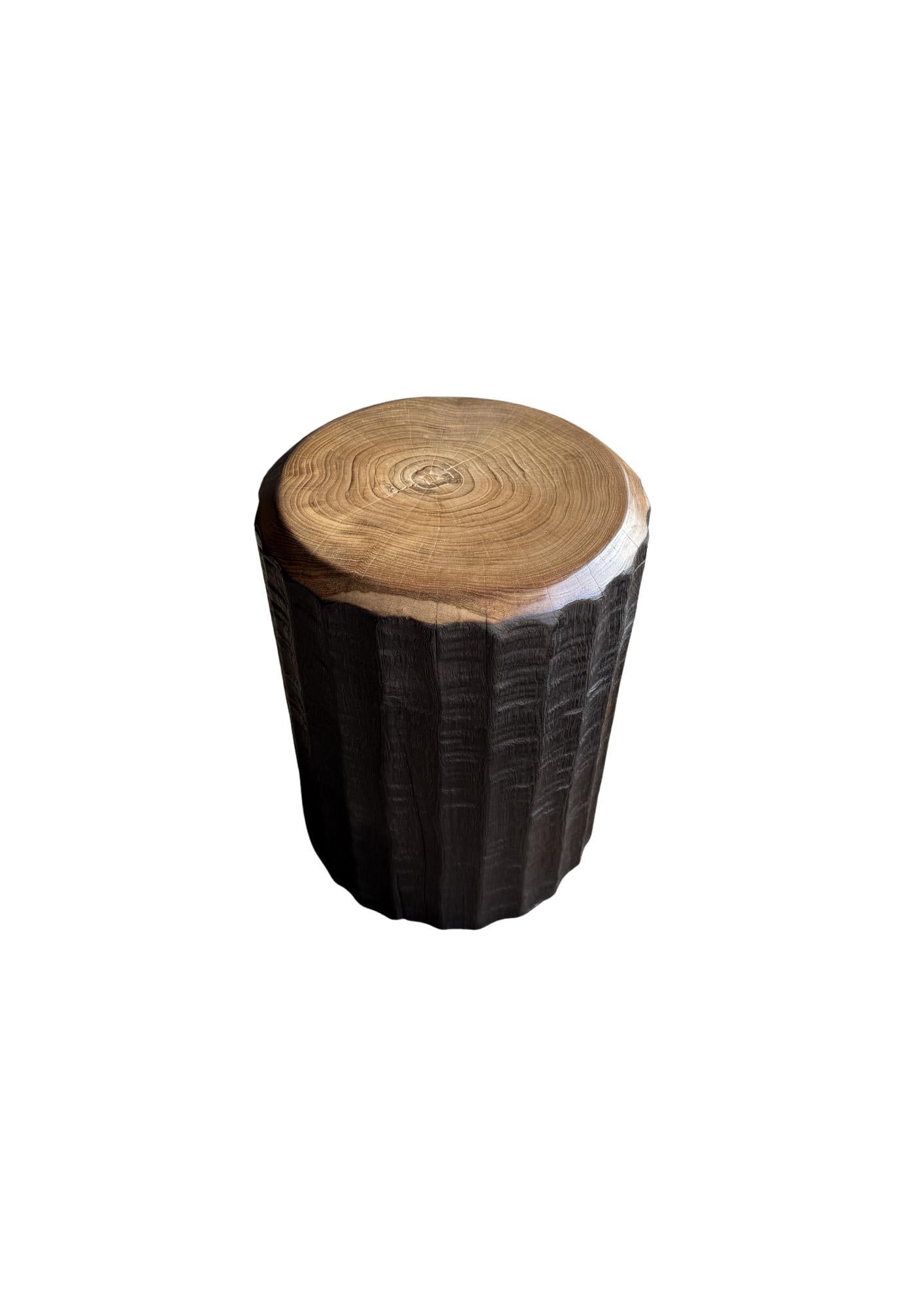 Hand-Crafted Solid Teak Wood Side Table Stunning Textures, Ribbed Detailing Modern Organic For Sale