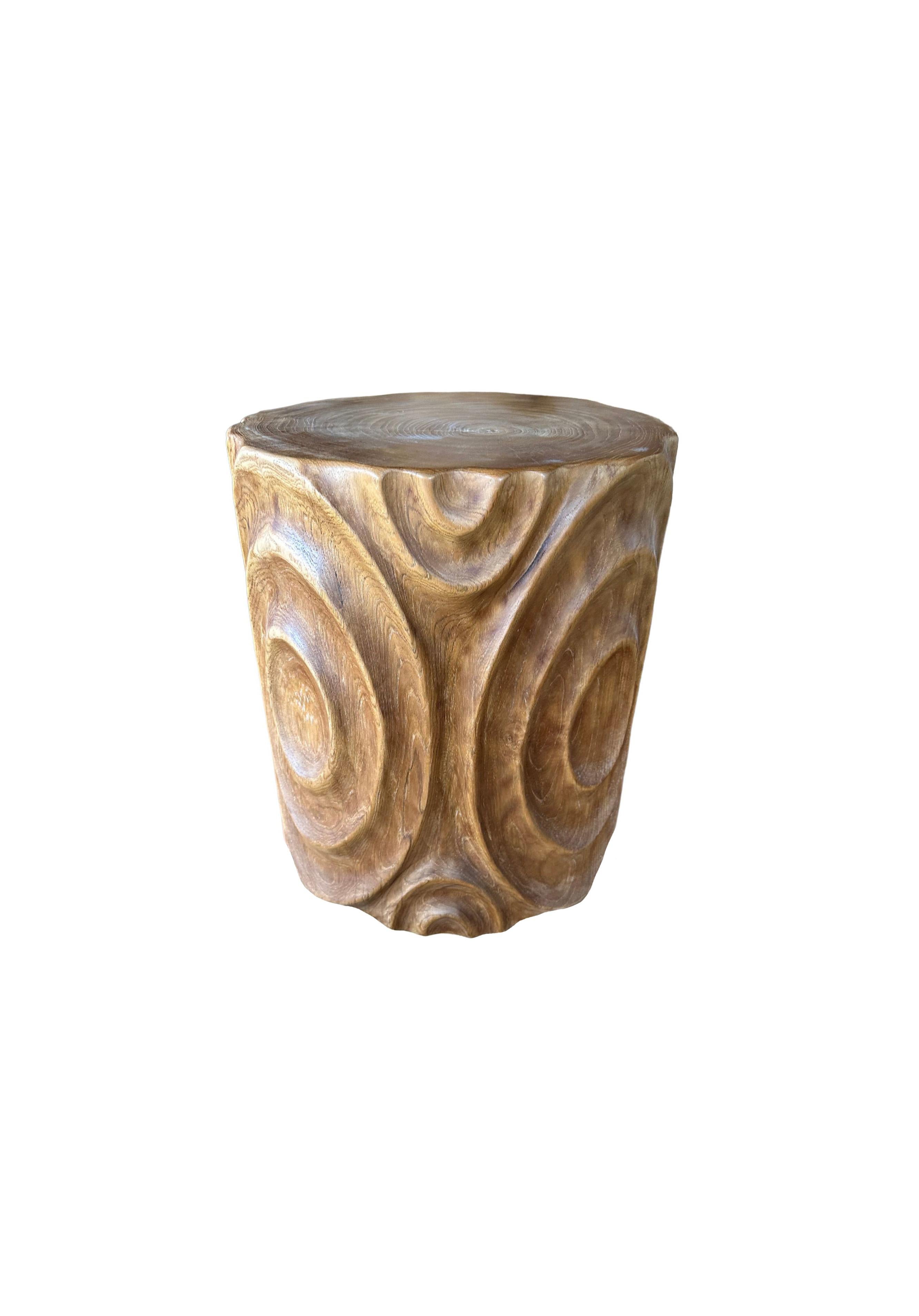 Organic Modern Solid Teak Wood Side Table with Stunning Textures, Modern Organic For Sale