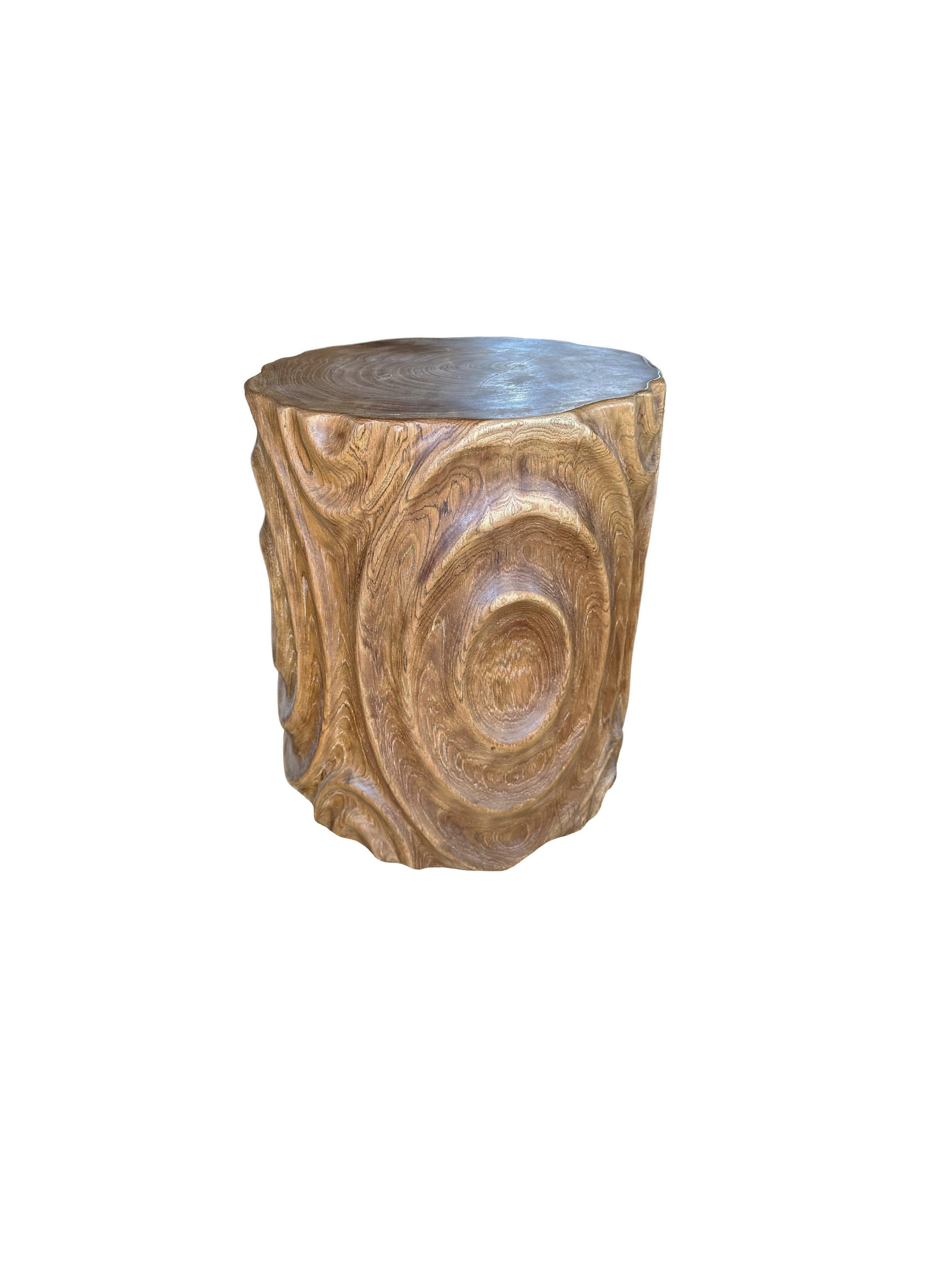 Hand-Crafted Solid Teak Wood Side Table with Stunning Textures, Modern Organic For Sale