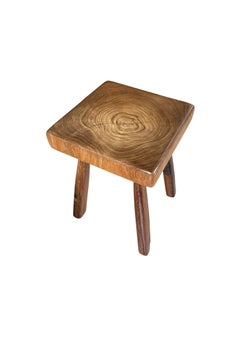 Solid Teak Wood Stool with Sculptural Grain Top and Hand-Shaped Legs