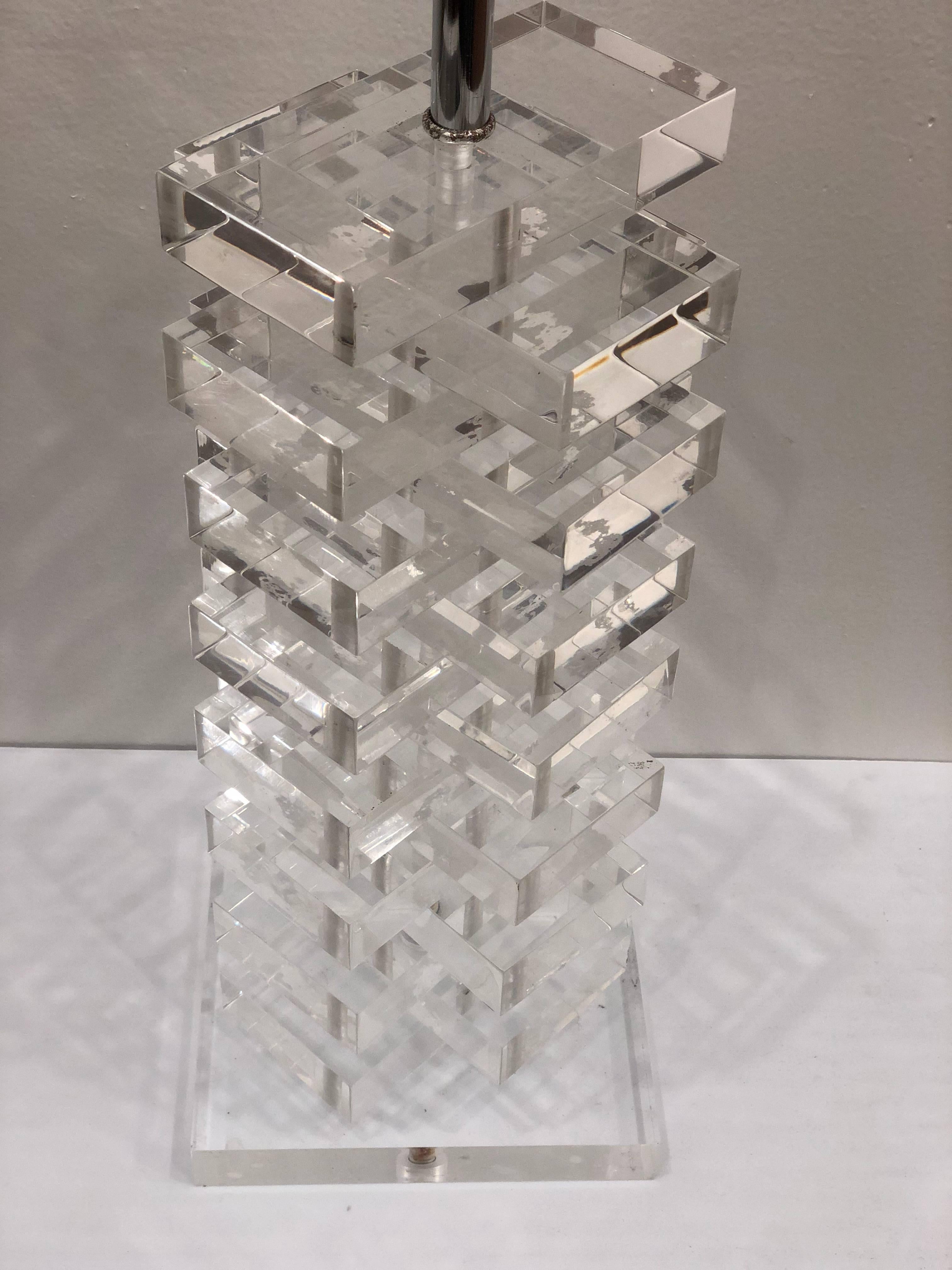 Space Age Solid Thick Lucite Criss Cross Table Lamp Base For Sale