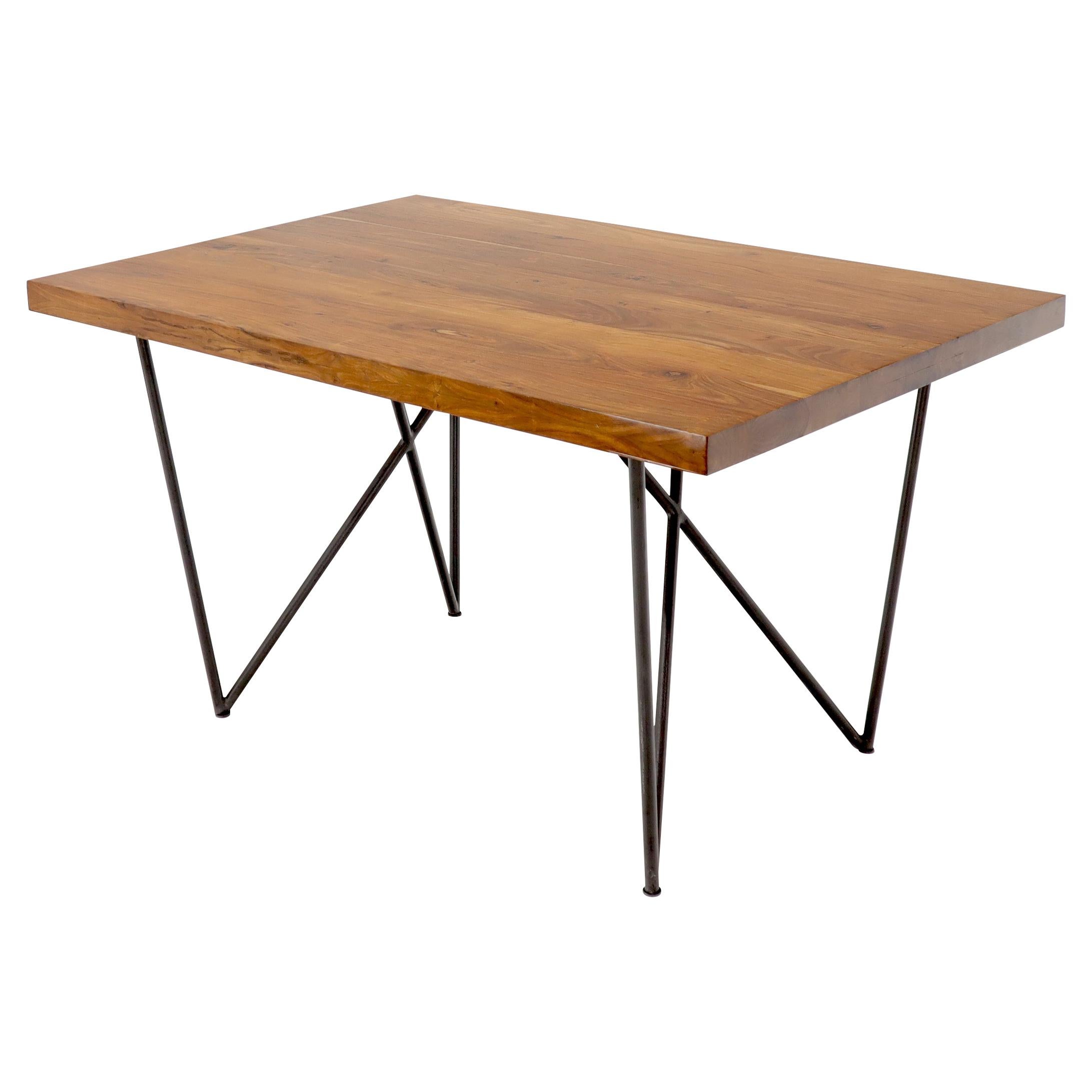 Solid Thick Teak Block Top Dining Table on Hairpin Legs