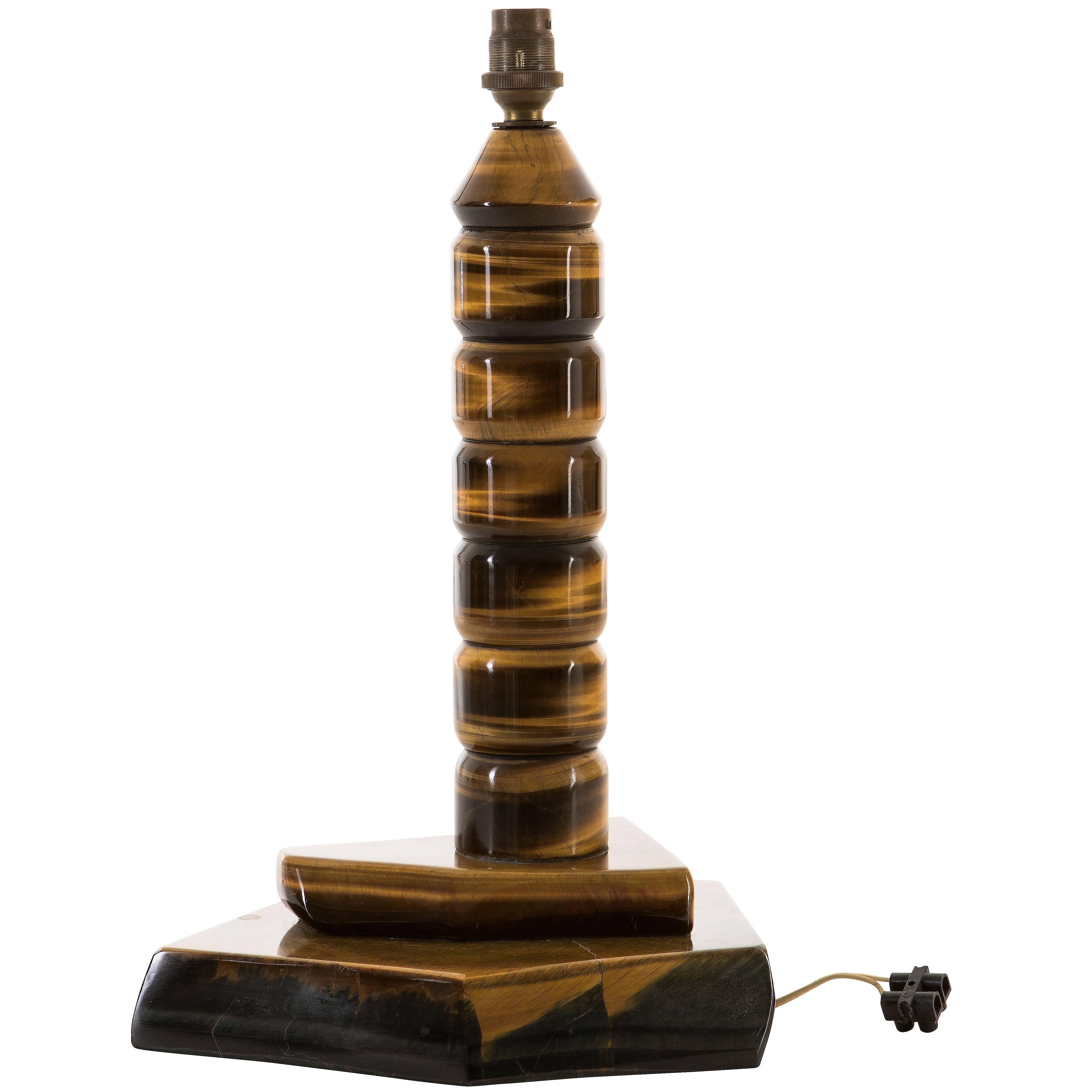 Solid Tiger Eye Stone Table Lamp, Lathe Turned and Polished