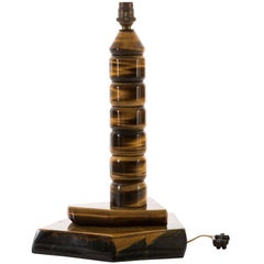 Vintage Solid Tiger Eye Stone Table Lamp, Lathe Turned and Polished