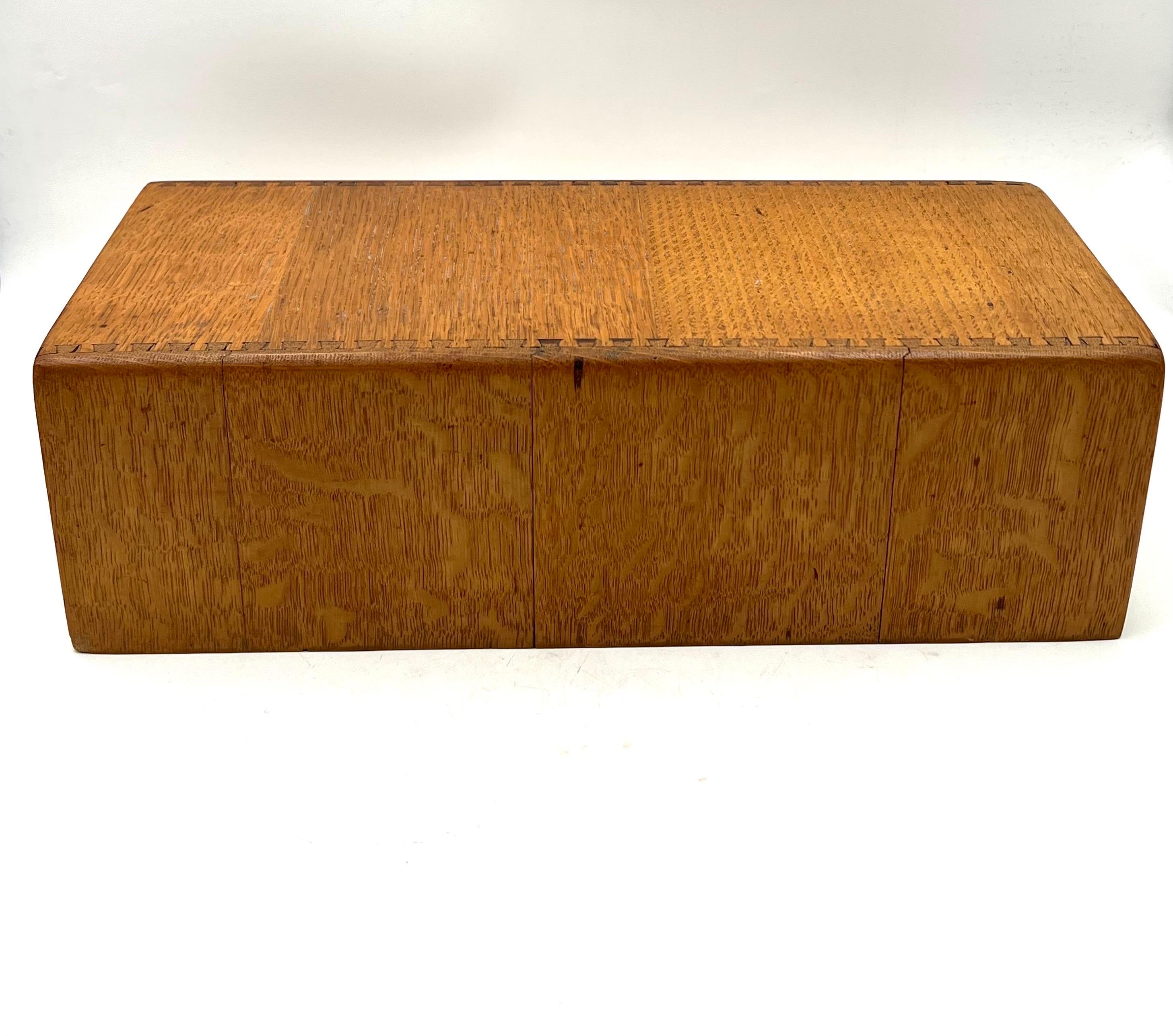 American Solid Tiger Oak Card Catalog Box with Brass Handle Dovetail Art Deco For Sale
